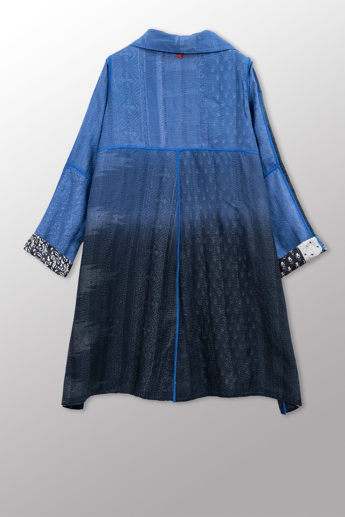 SILK COTTON OMBRE PRINT KANTHA A-LINE DUSTER - os2311-blk -