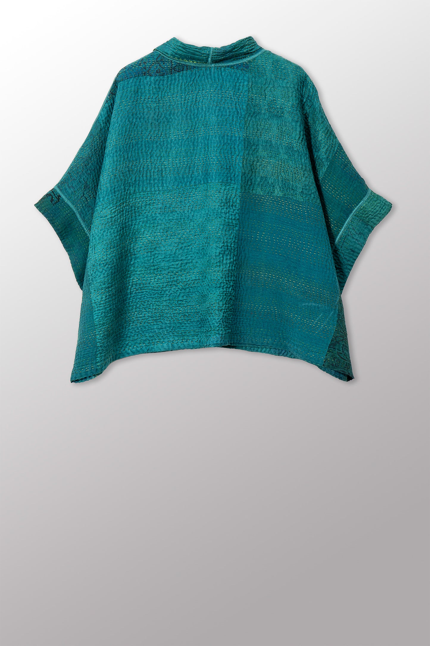 GEORGETTE JACQUARD VINTAGE SILK PATCH KANTHA MINI PONCHO - gj4060-grn -