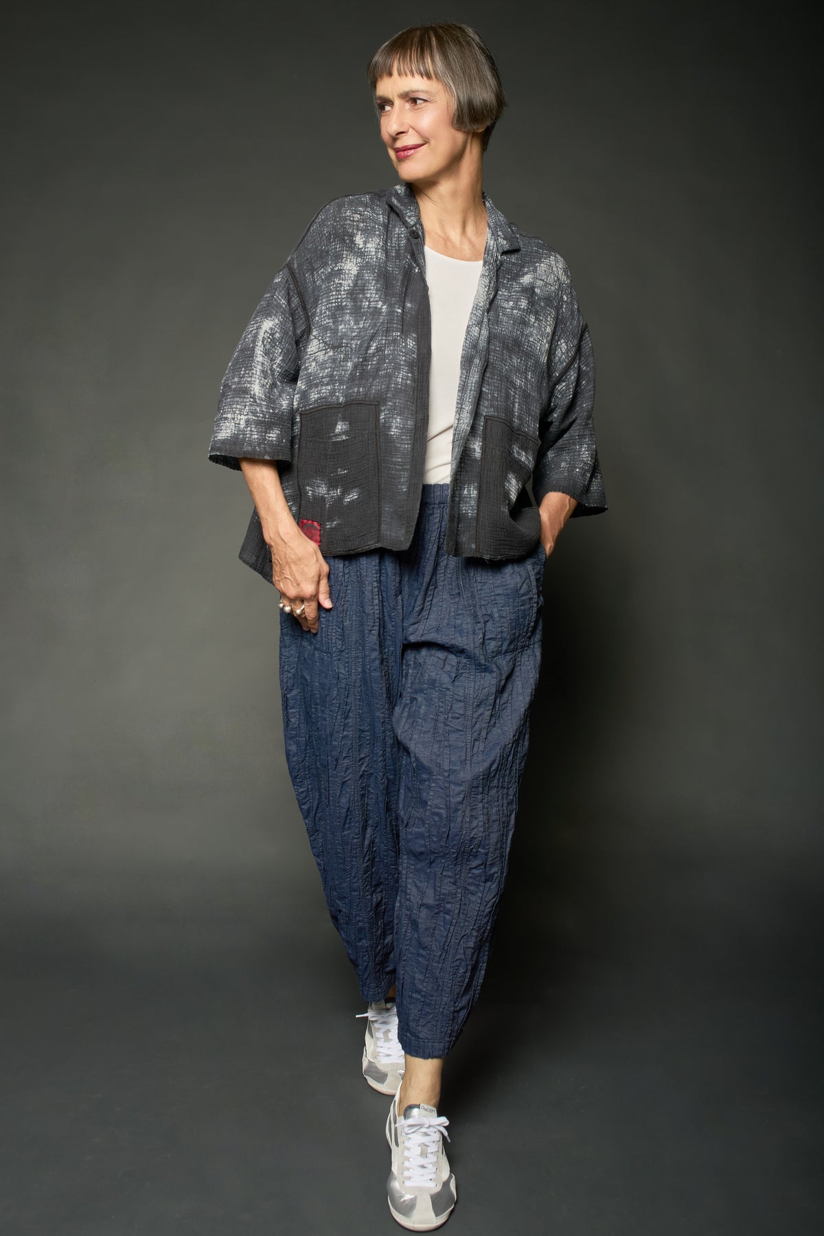 MUD DYE RIPPLE KANTHA CROPPED TENT SHIRT - yp2596-gry -