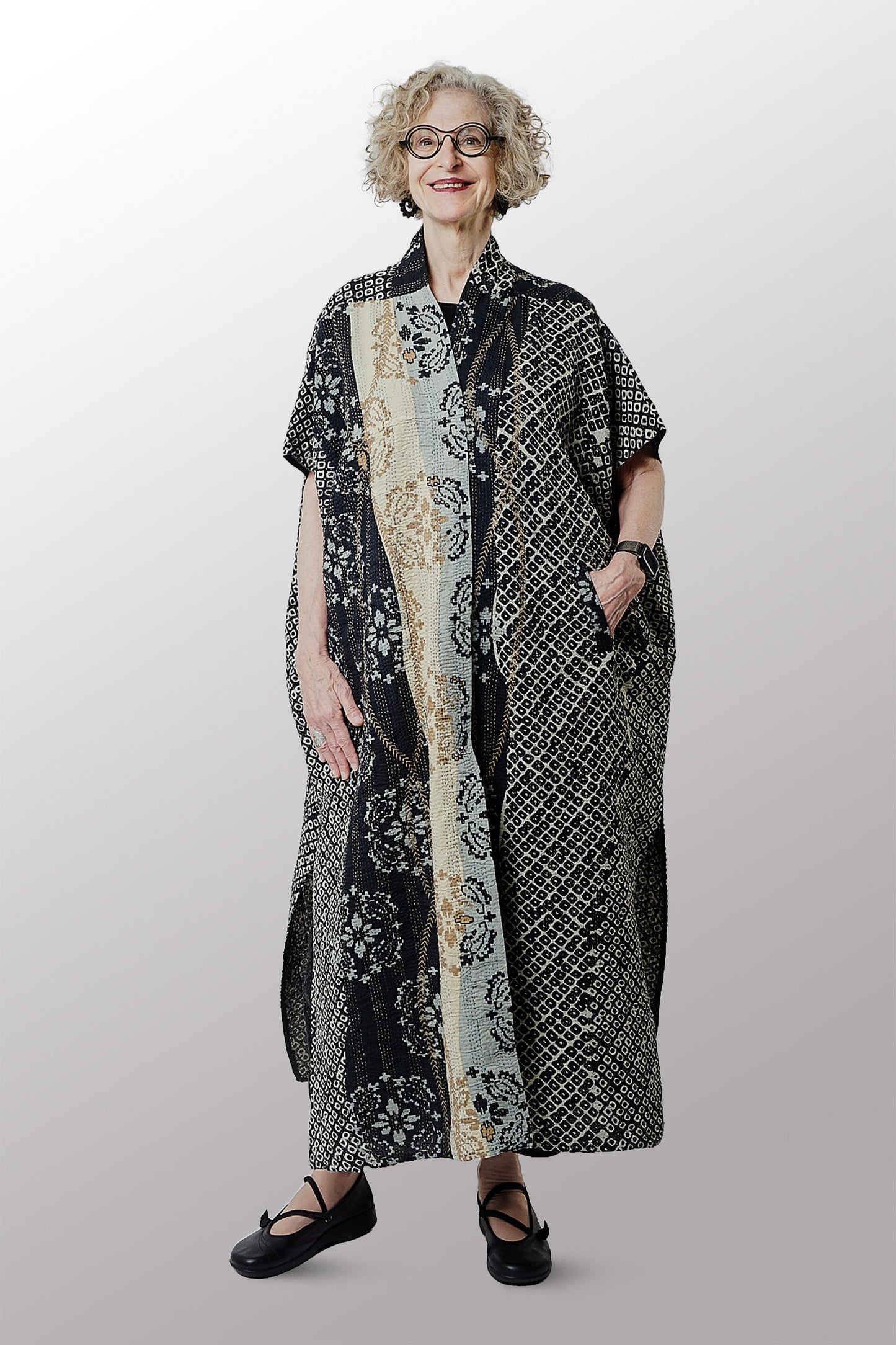 KIMONO COTTON KANTHA PONCHO DRESS - kc2443-blk -