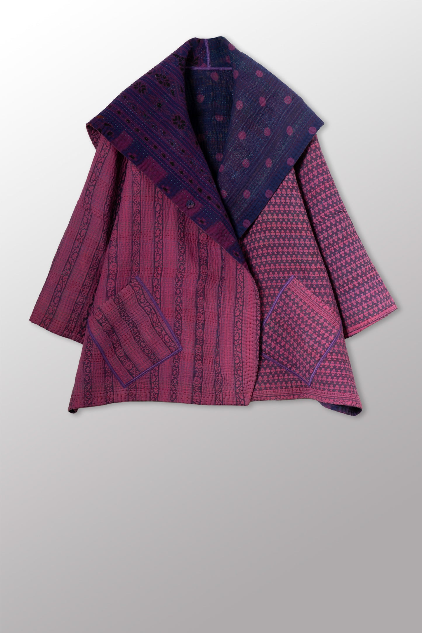 QUILTED OVERDYE COTTON KANTHA HOODED POCKET COAT - oq5303-cblu001a -
