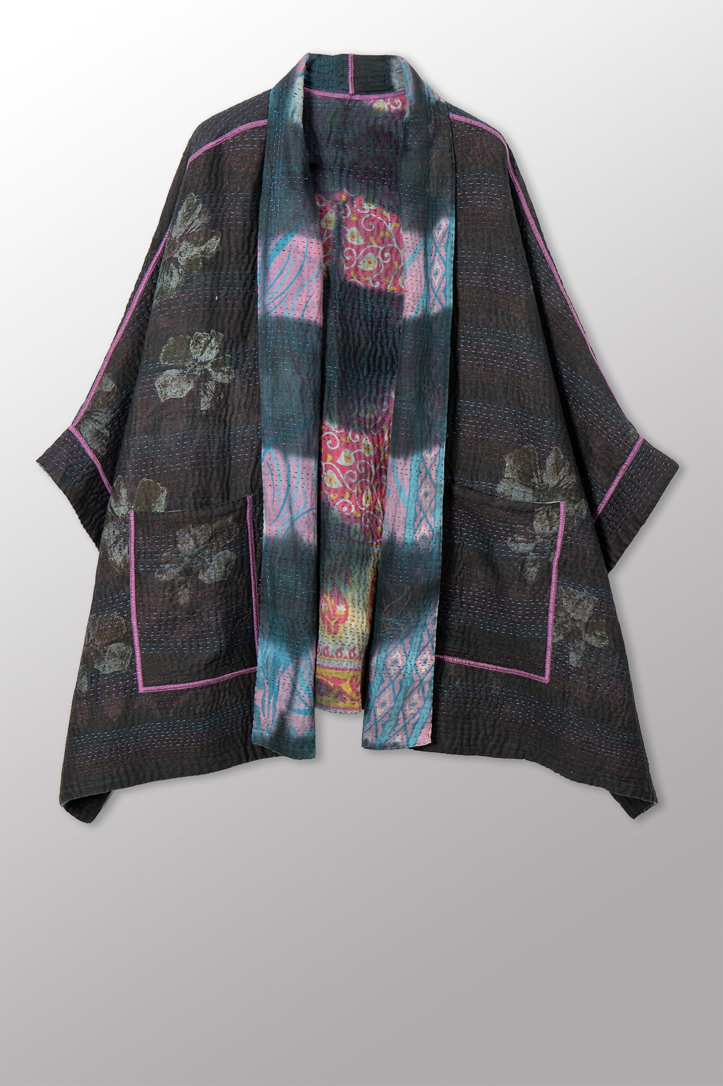 VINTAGE COTTON GREY CLAMP TIE DYE KANTHA DOUBLE COLLAR PONCHO - su4323-0003a -