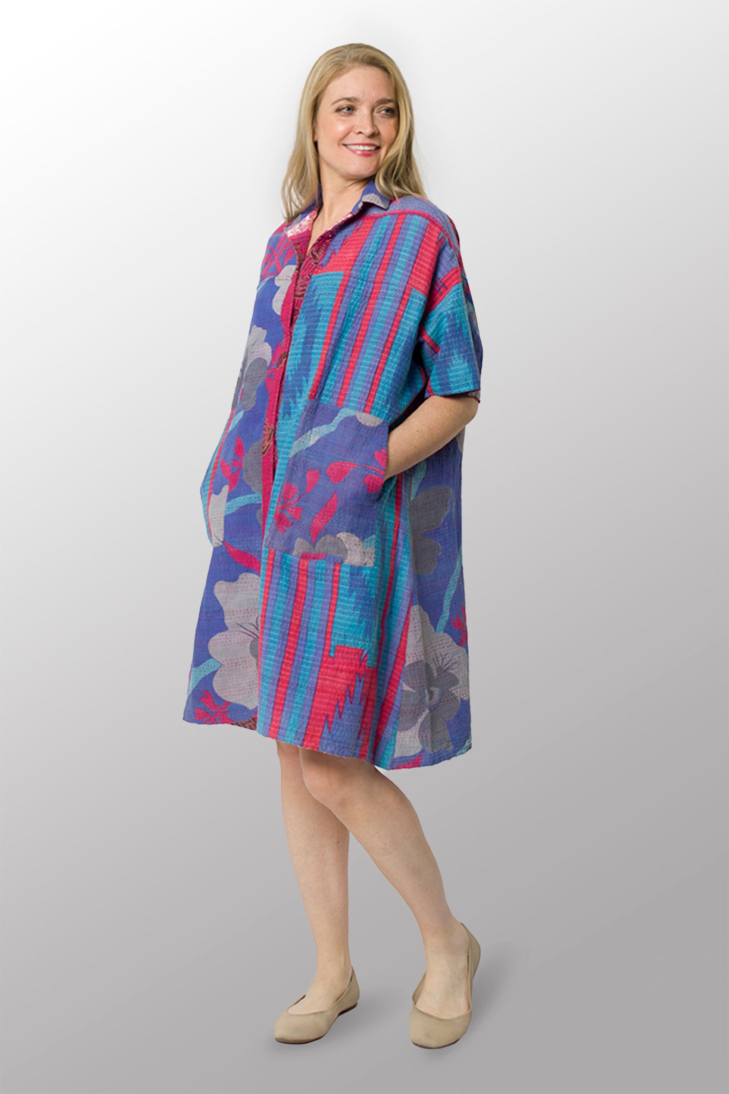 VINTAGE COTTON KANTHA HALF SLV. SHIRT DRESS - cv2429-0024a -
