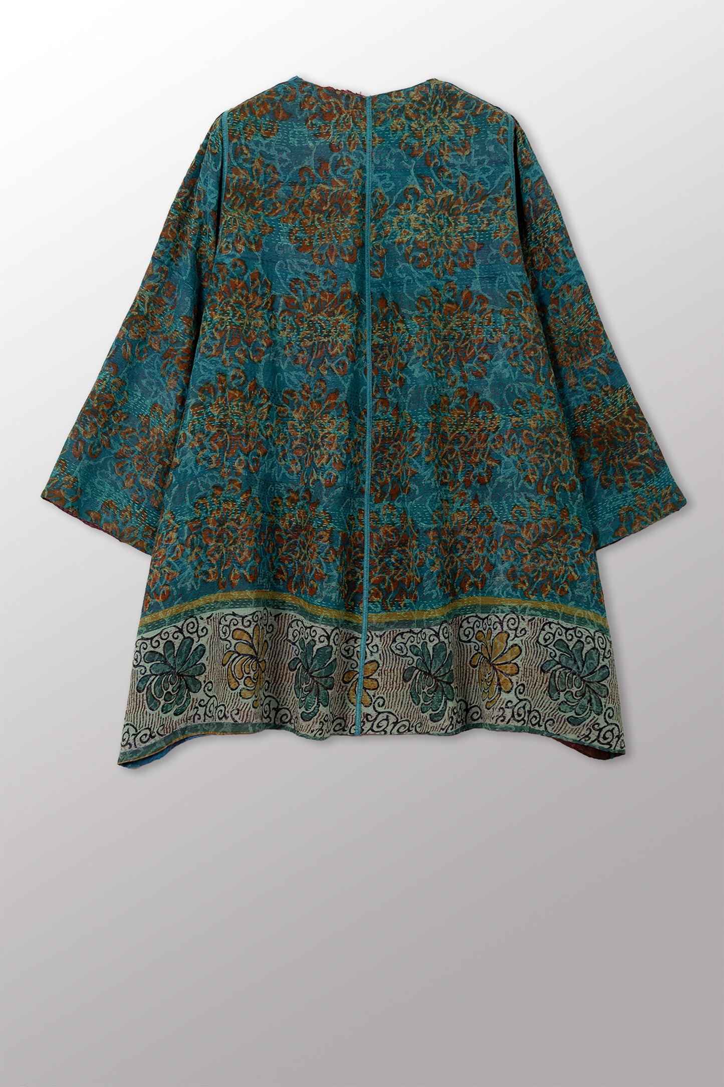 GEORGETTE JACQUARD VINTAGE SILK PATCH KANTHA BELL SHAPE LONG JACKET - gj2051-0001a -