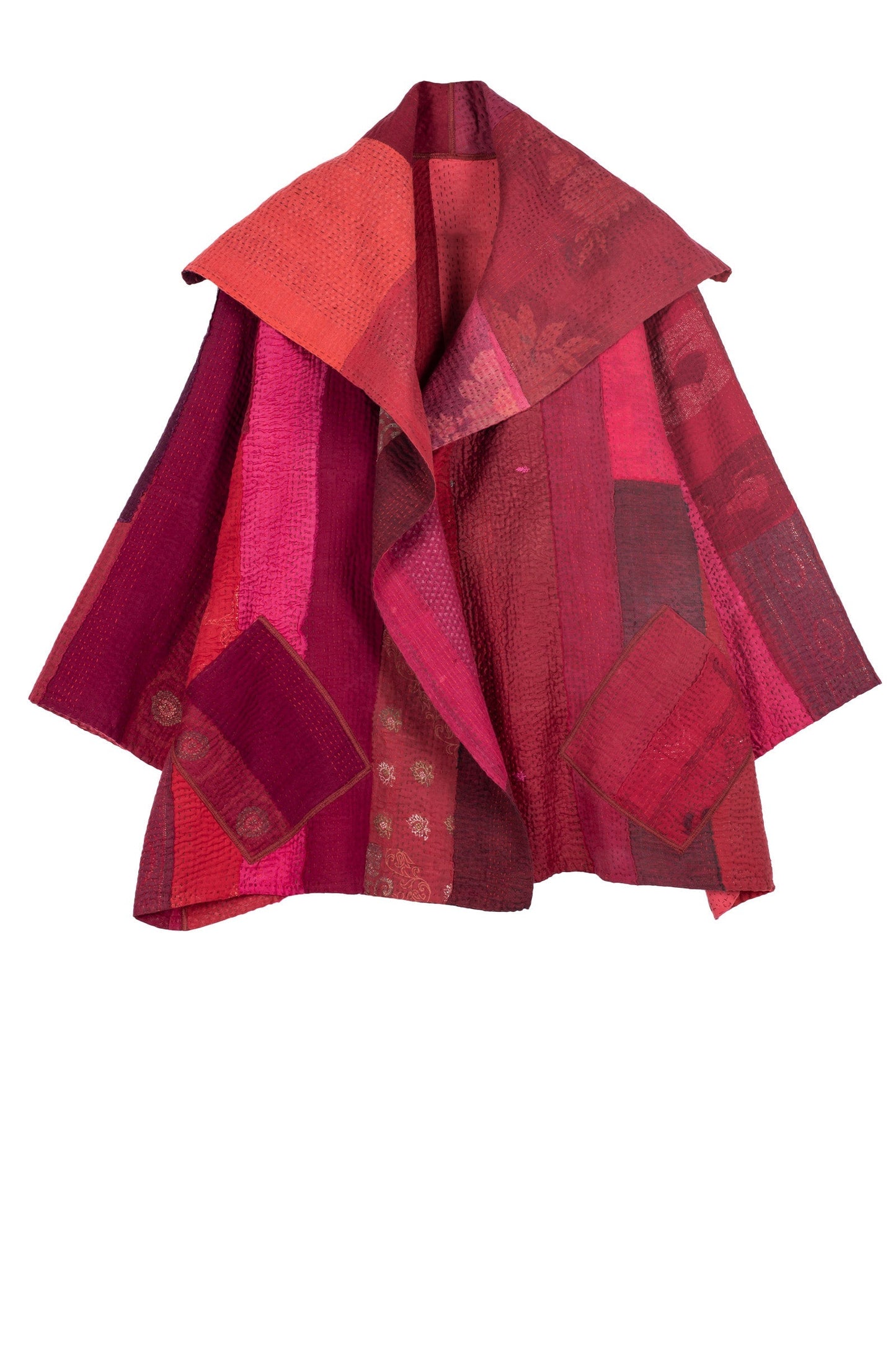 STRIPE AND CHECK COTTON SILK PATCH KANTHA  FLARE JACKET - ss4010-red -