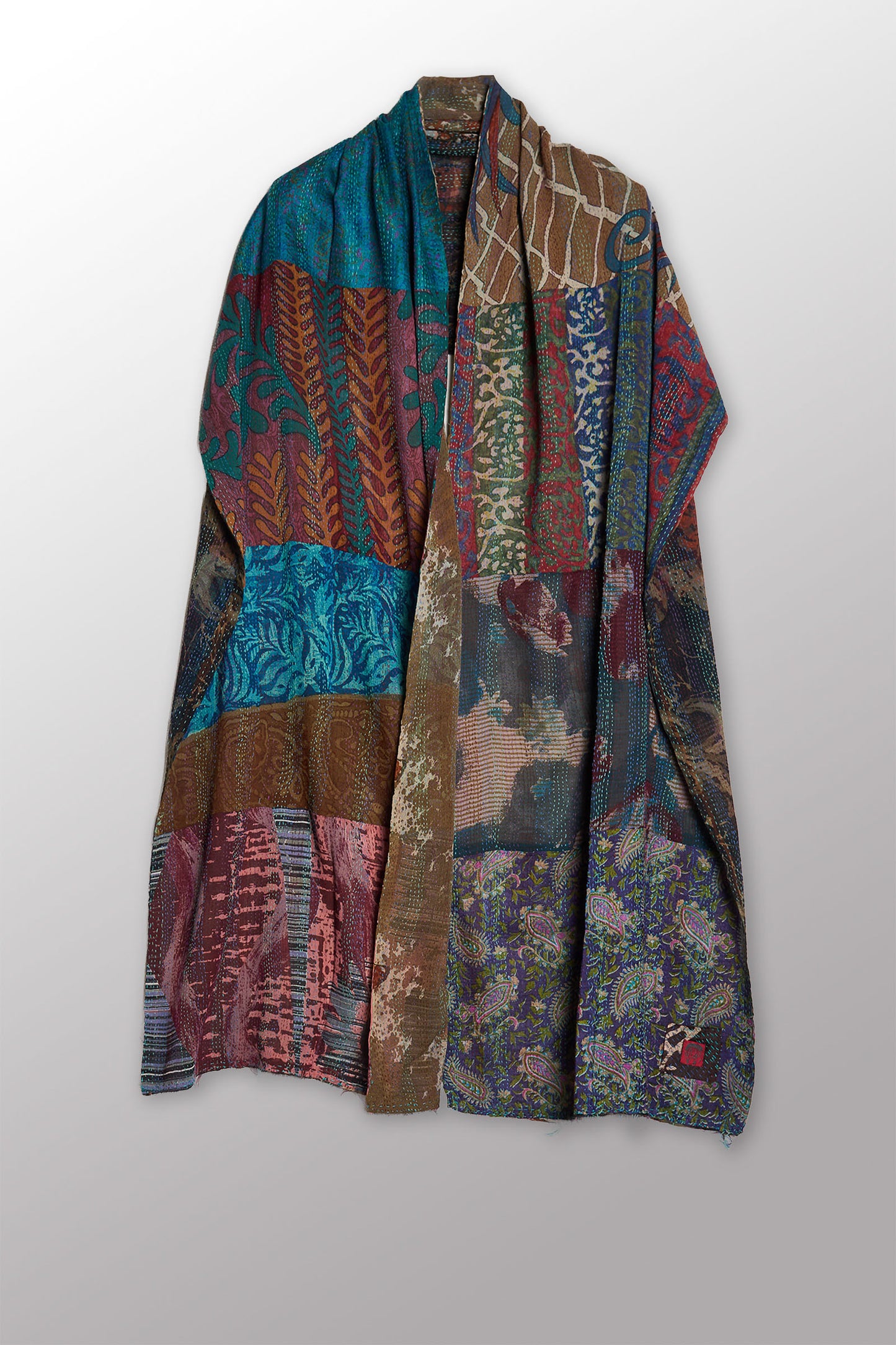 GEORGETTE VINTAGE SILK PATCH KANTHA SCARF STANDARD - gs2801-tel -