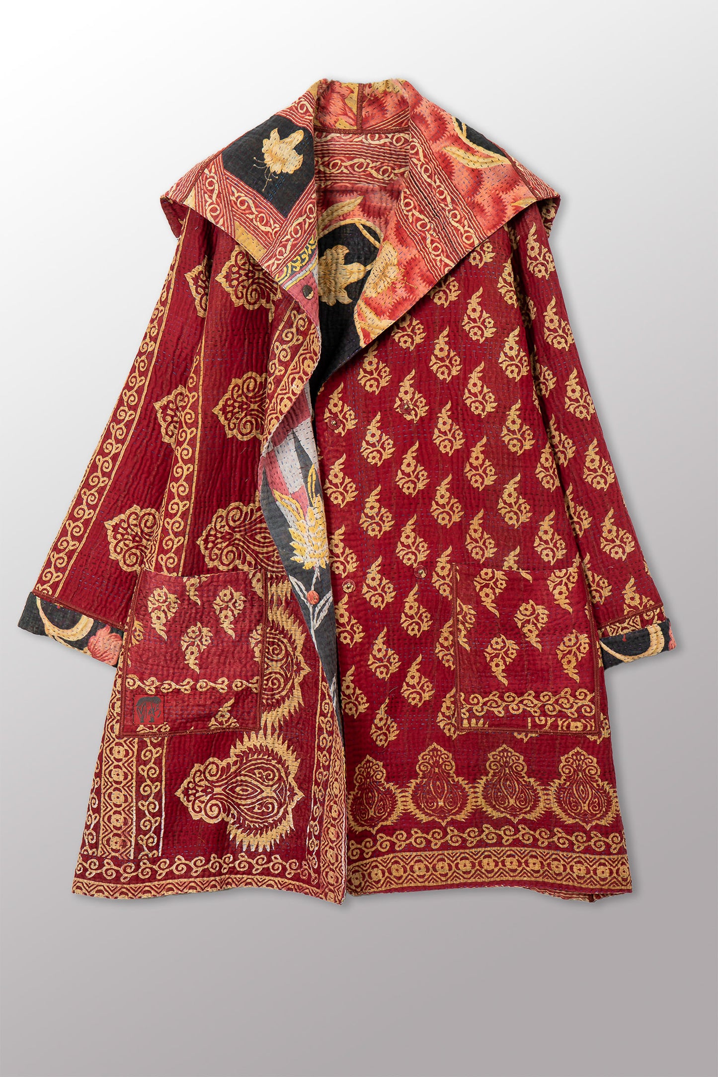 VINTAGE COTTON KANTHA POCKET MEDIUM COAT - cv4316-0048m -