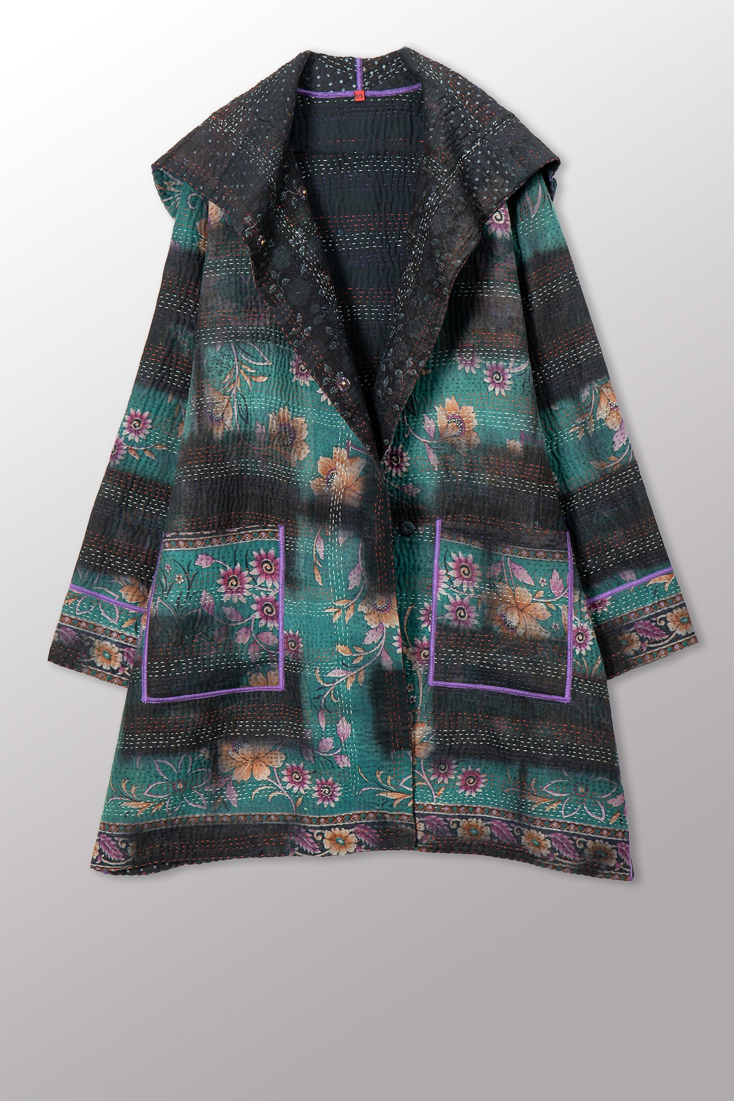 VINTAGE COTTON GREY CLAMP TIE DYE KANTHA POCKET MEDIUM COAT - su4316-0001m -
