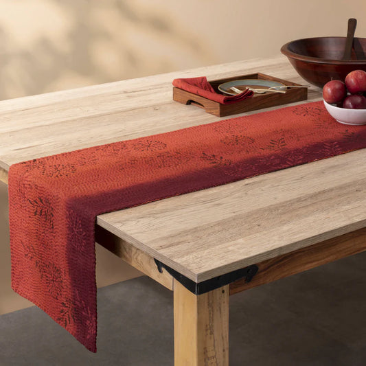 Vintage Fray Patch & Ombre Kantha Table Runner -Carrot -