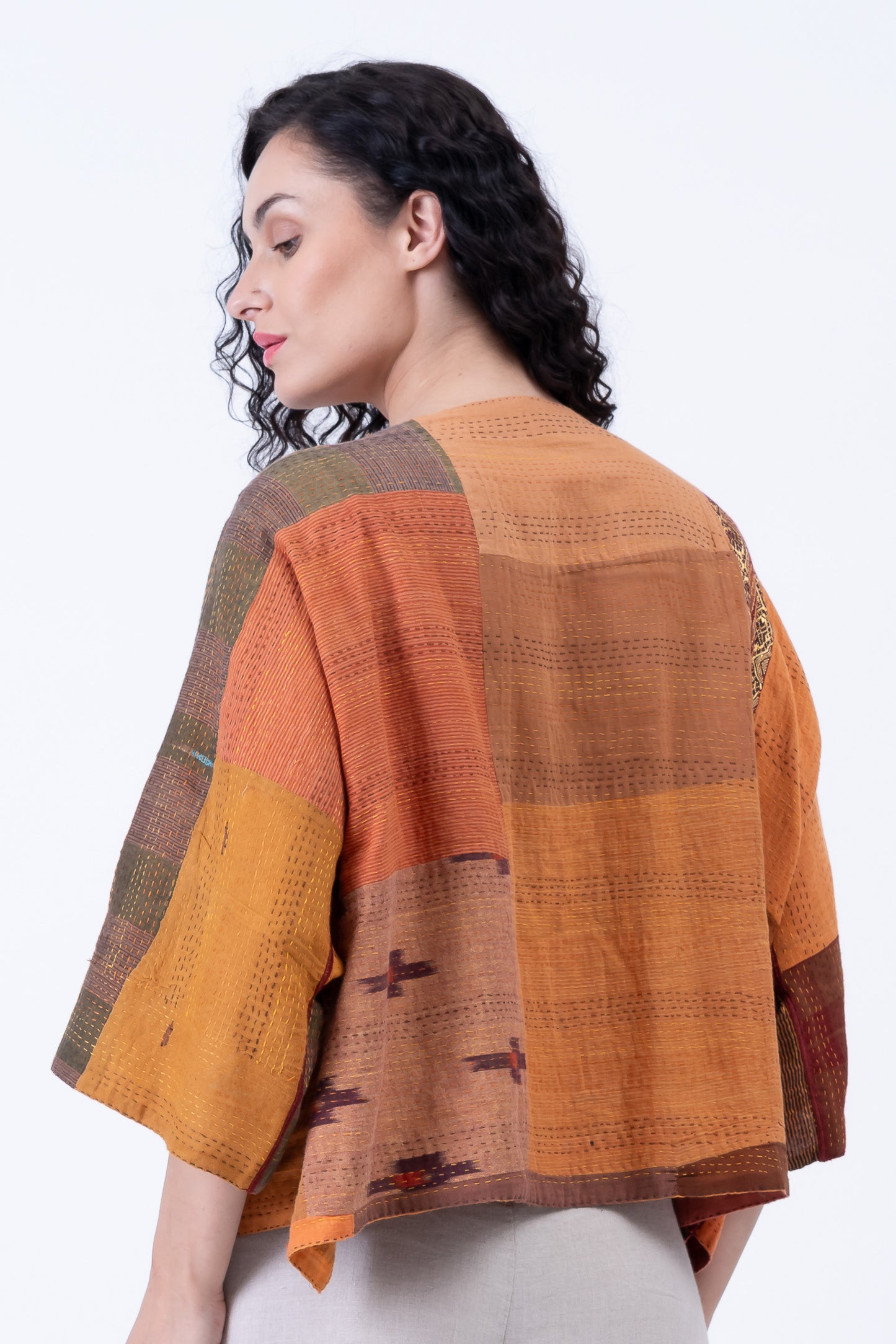 BROCADE PATCHED KANTHA 3/4 SLV. CROP TOP MIO - bp2538-org -
