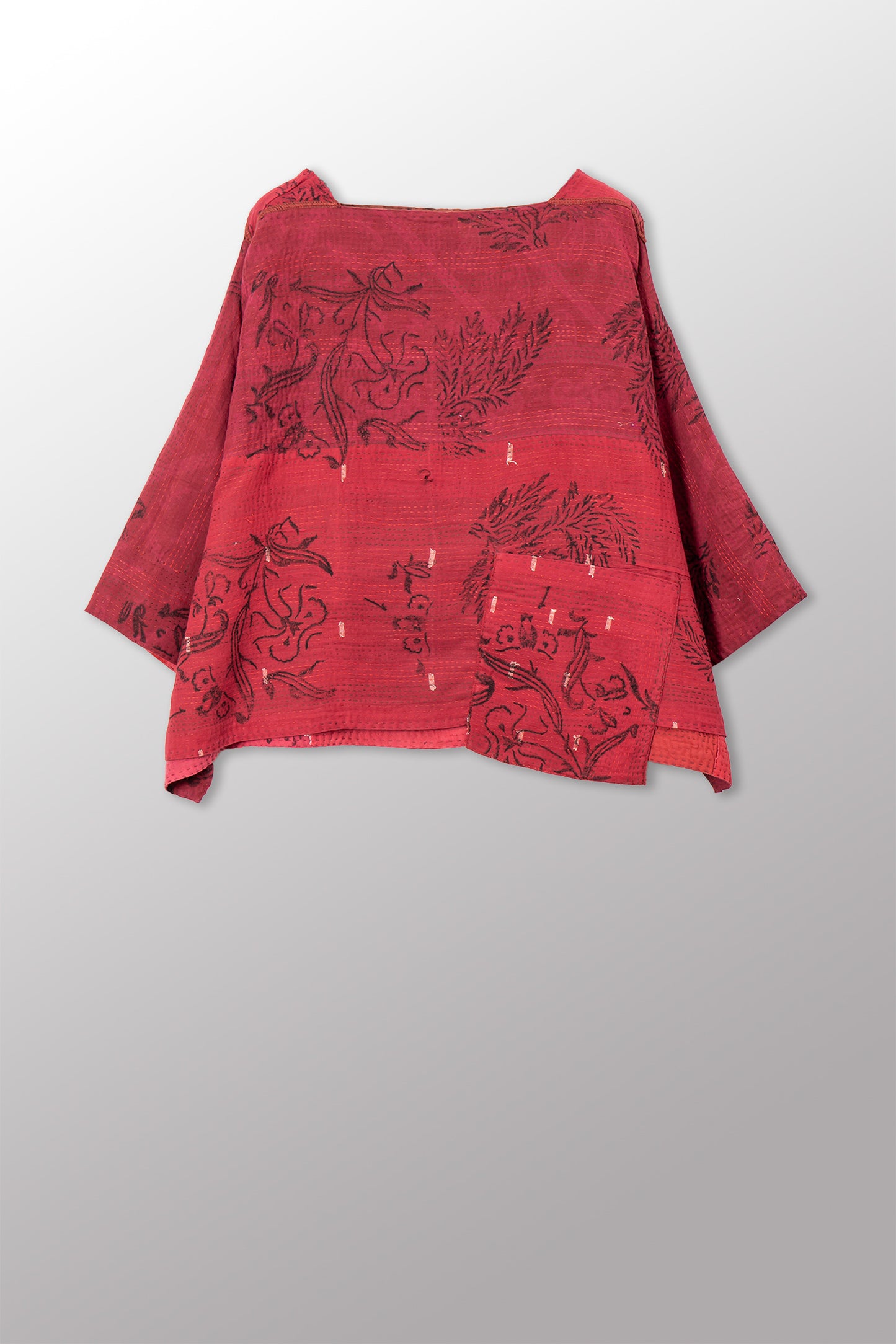 LANDSCAPE FRAYED PATCH KANTHA WITH STAMP 3/4 SLV. CROP TOP MIO - sp-lf2538-red -