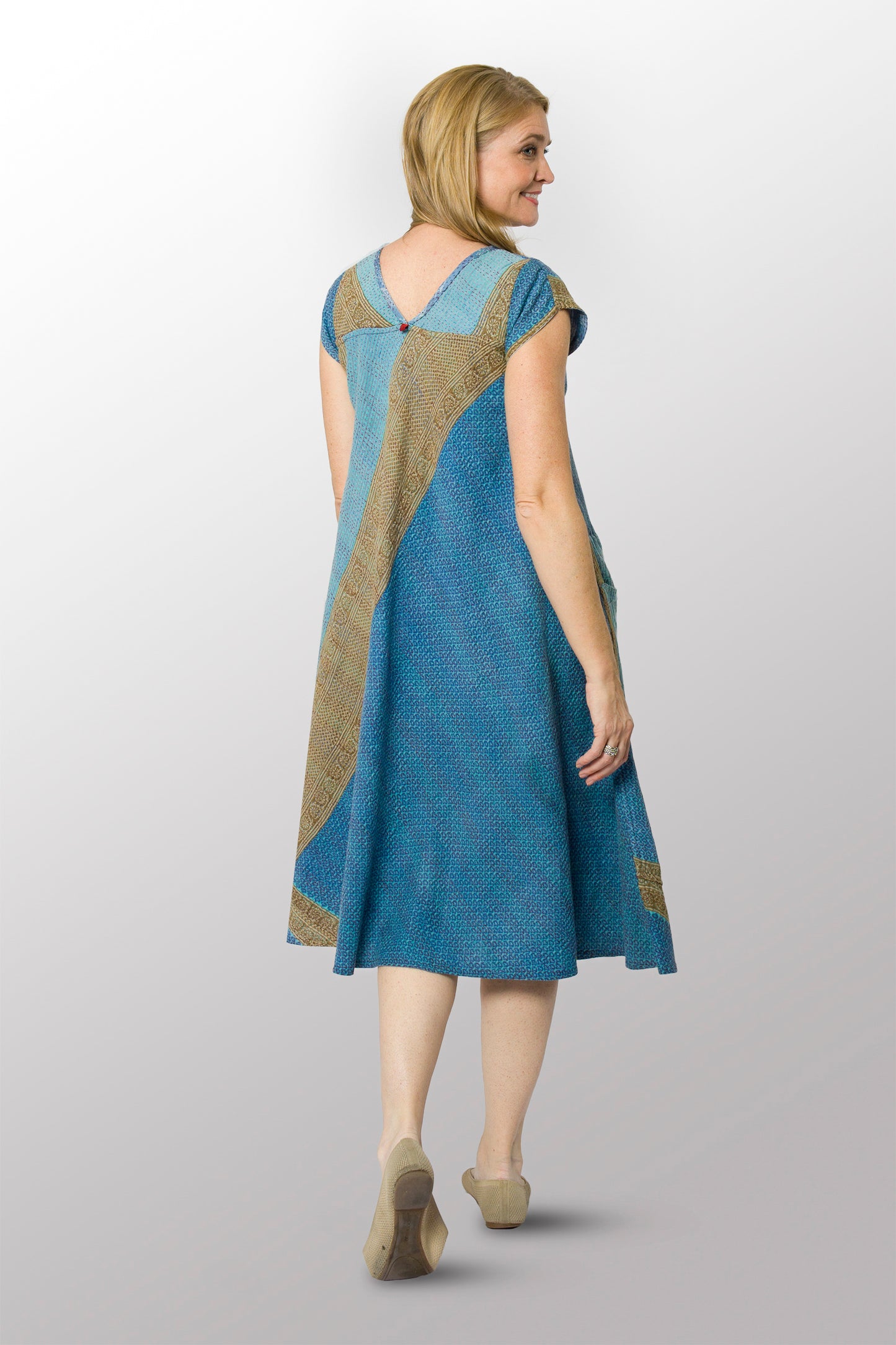 VINTAGE COTTON KANTHA CAP SLV. FLARE DRESS - cv2425-0011s -
