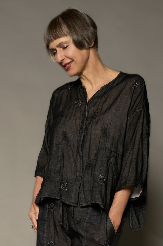GAUZE SHIBORI GARMENT KANTHA V-NECK NECK TOP - gg2t108-blk -