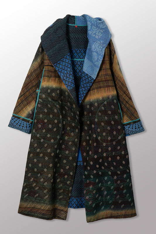 VINTAGE SILK GEORGETTE COTTON KANTHA HOODED A-LINE LONG COAT - gc4306-0001a -