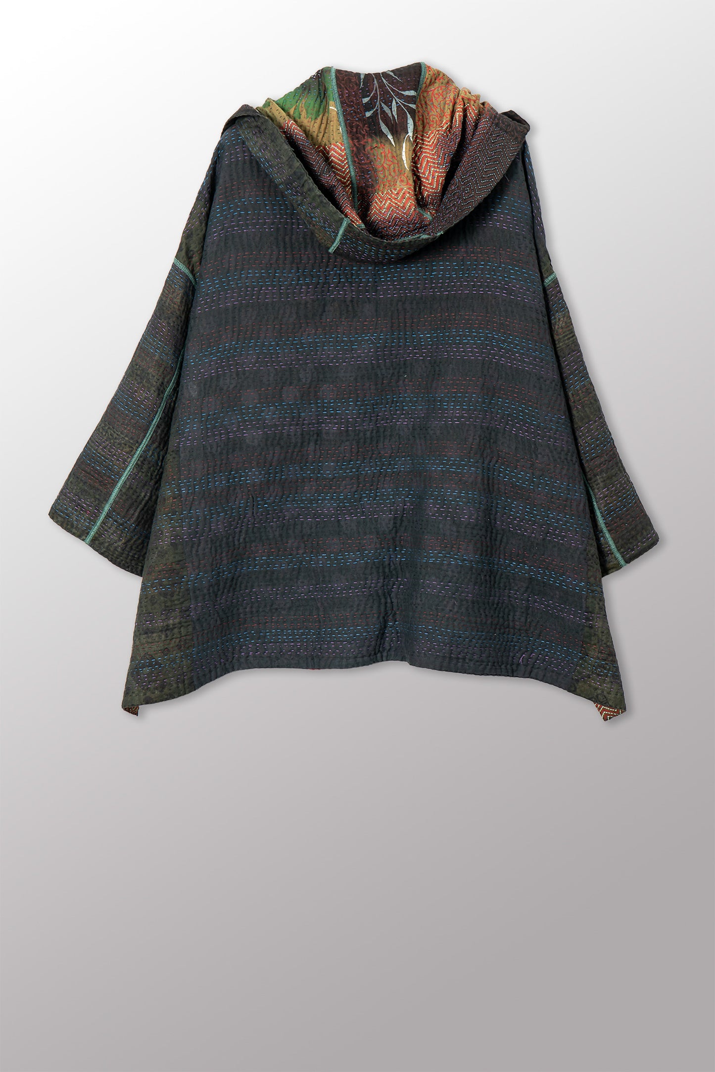 VINTAGE COTTON GREY CLAMP TIE DYE KANTHA HOODIE PONCHO - su4064-0002a -