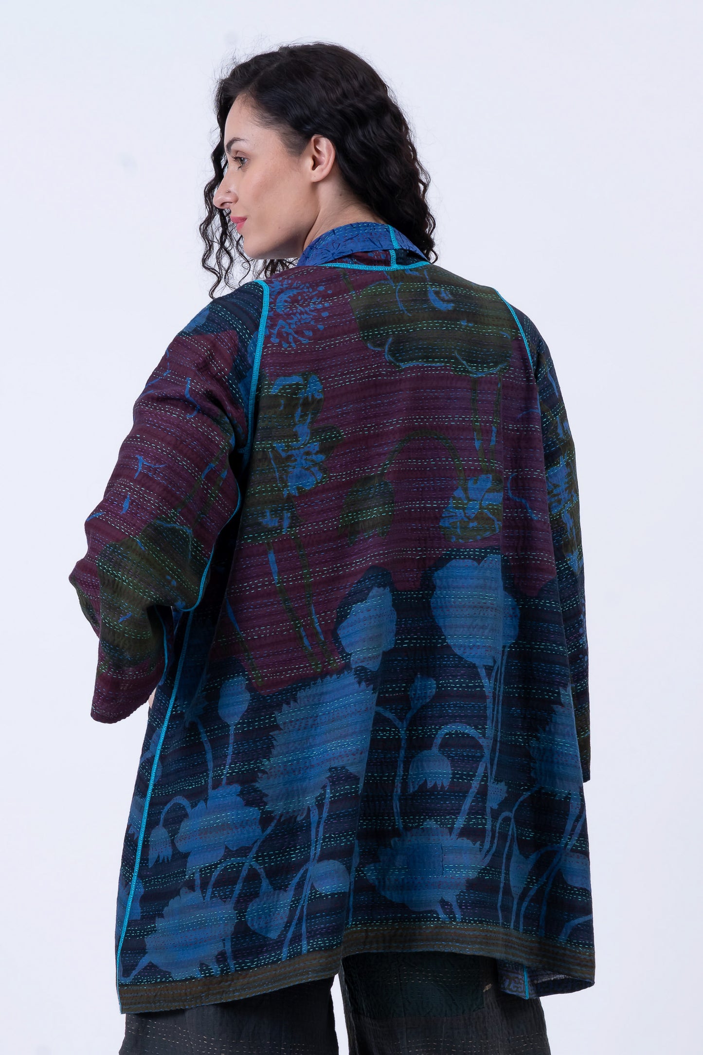 VINTAGE SILK GEORGETTE COTTON KANTHA A-LINE JKT - gc2003-0040a -