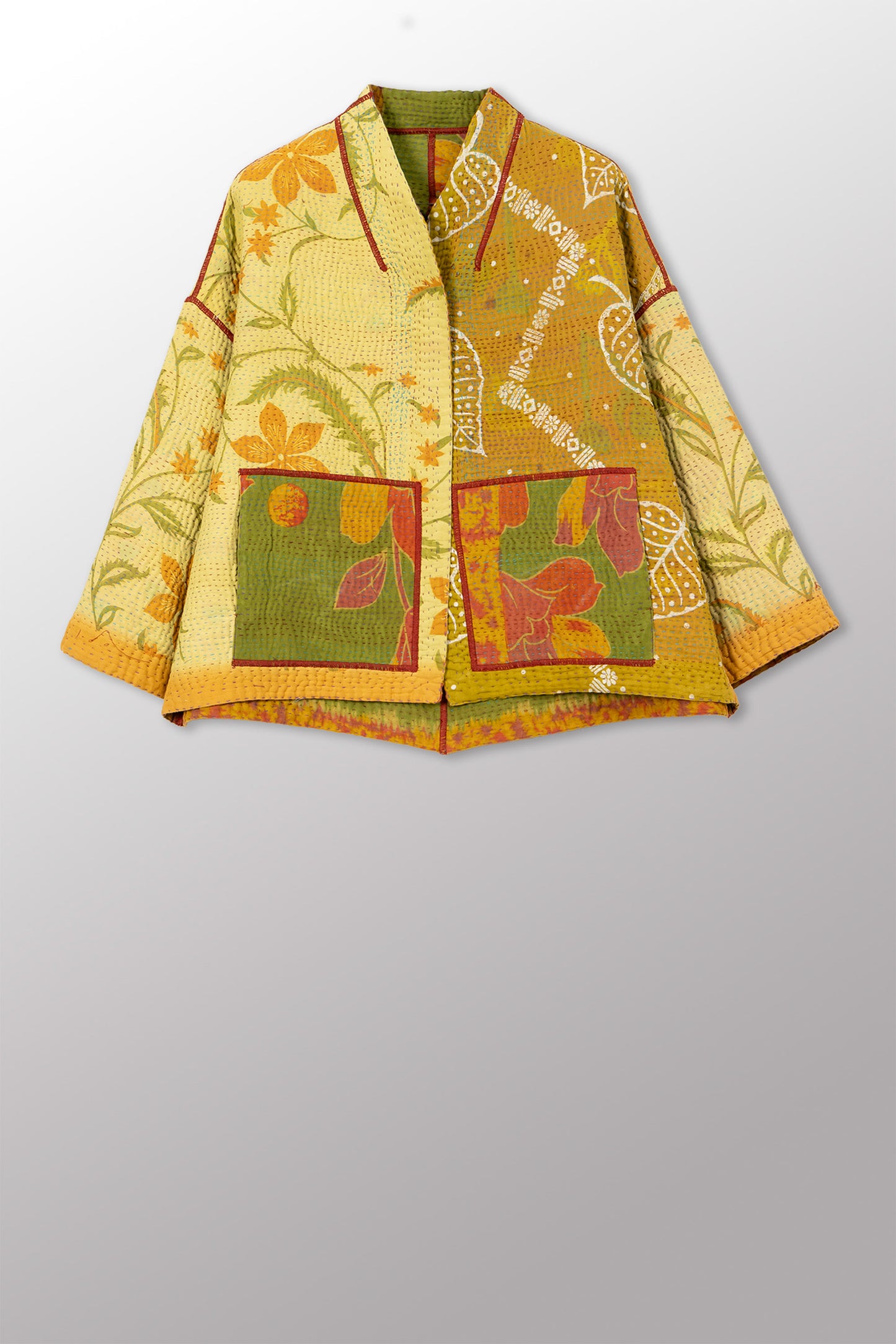 COTTON OVERDYE KANTHA STAND COLLAR CROPPED JKT - ov4034-cylw001a -