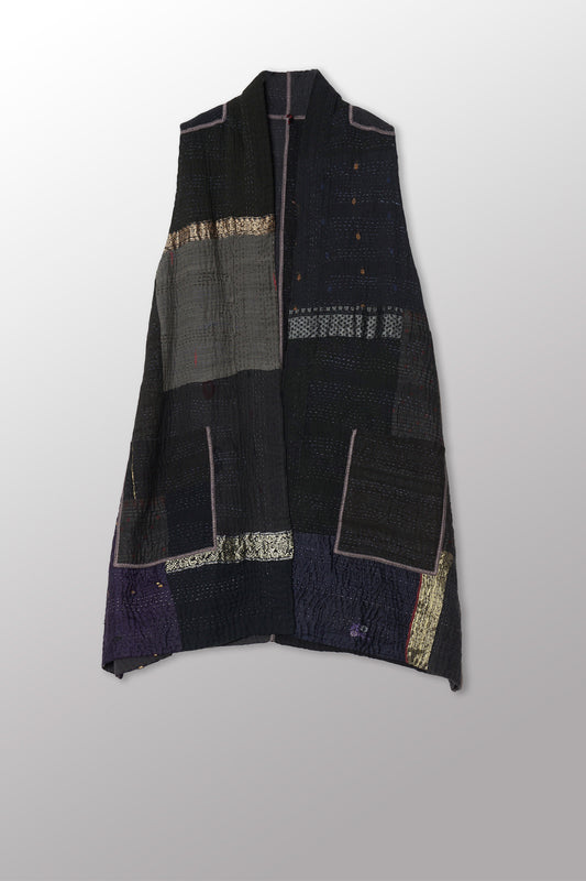 COTTON SILK SW PATCH KANTHA KIMONO VEST - ws4247-blk -