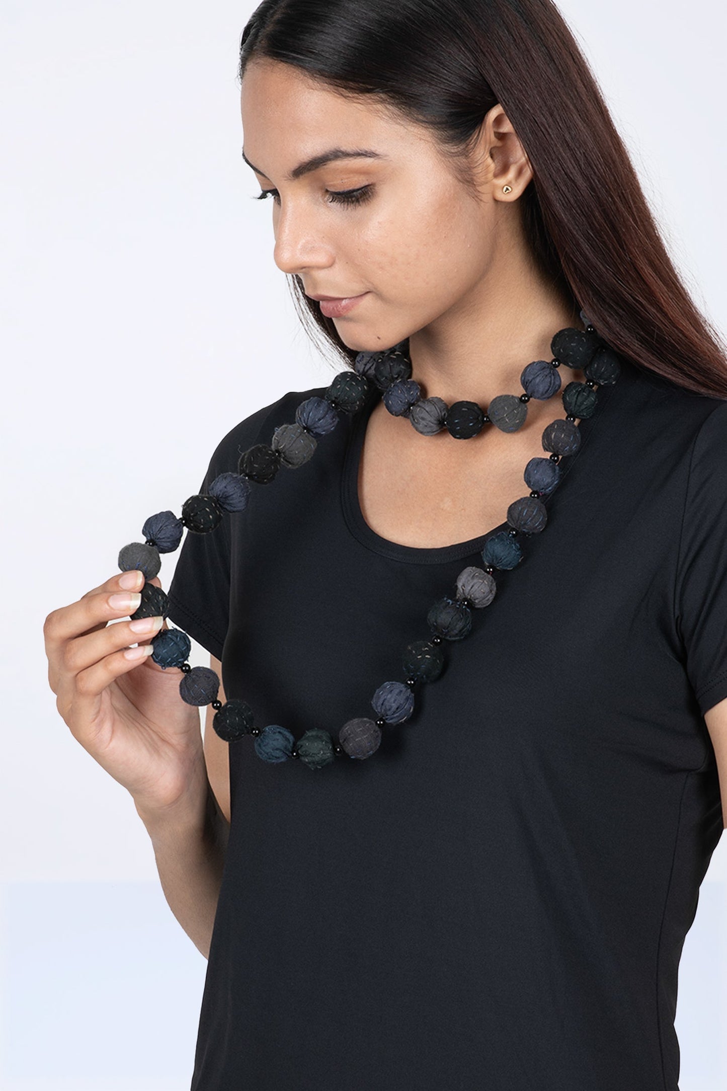 COTTON SILK SW PATCH KANTHA SMALL NUTS LONG NECKLACE - ws2706-blk -