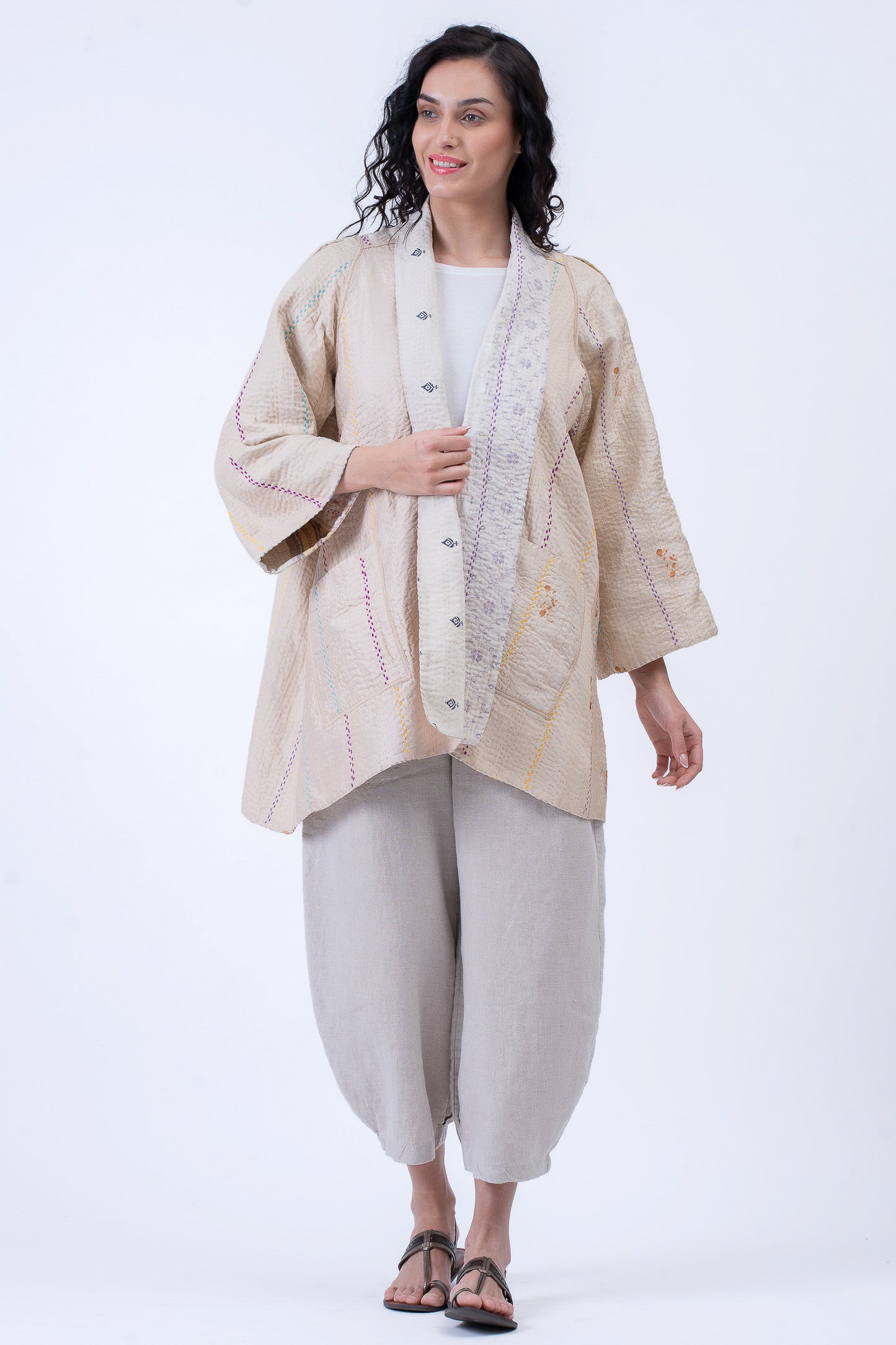JEWEL WOVEN WITH VERTICAL PATCH KANTHA A-LINE JACKET - jv4003-ivy -