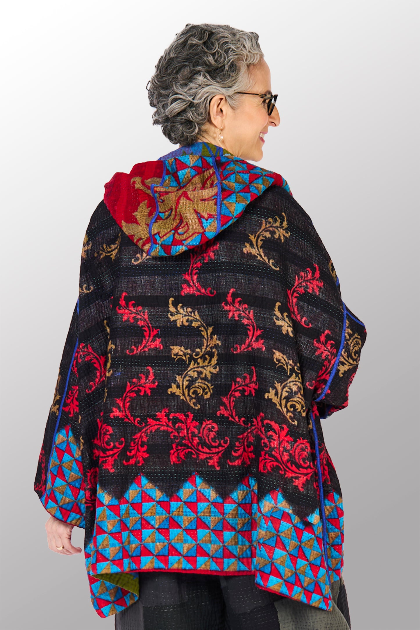 VINTAGE COTTON KANTHA HOODIE PONCHO - cv4064-0033a -