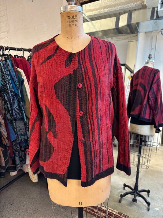 OVERDYED STRIPE AND BENDS KANTHA CREW NECK SHORT JACKET - ov-sb4053-red -