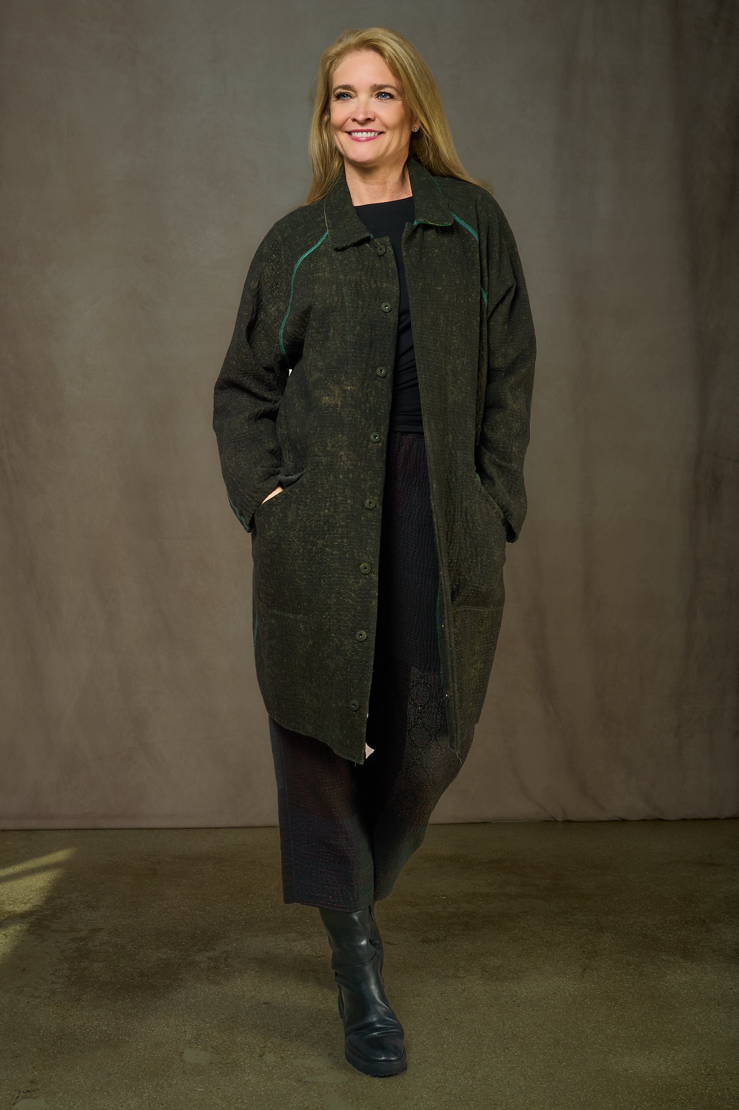 DENIM SUN-DYE KANTHA NEW  RAGLAN SLEEVE COAT - ds3353-grn -