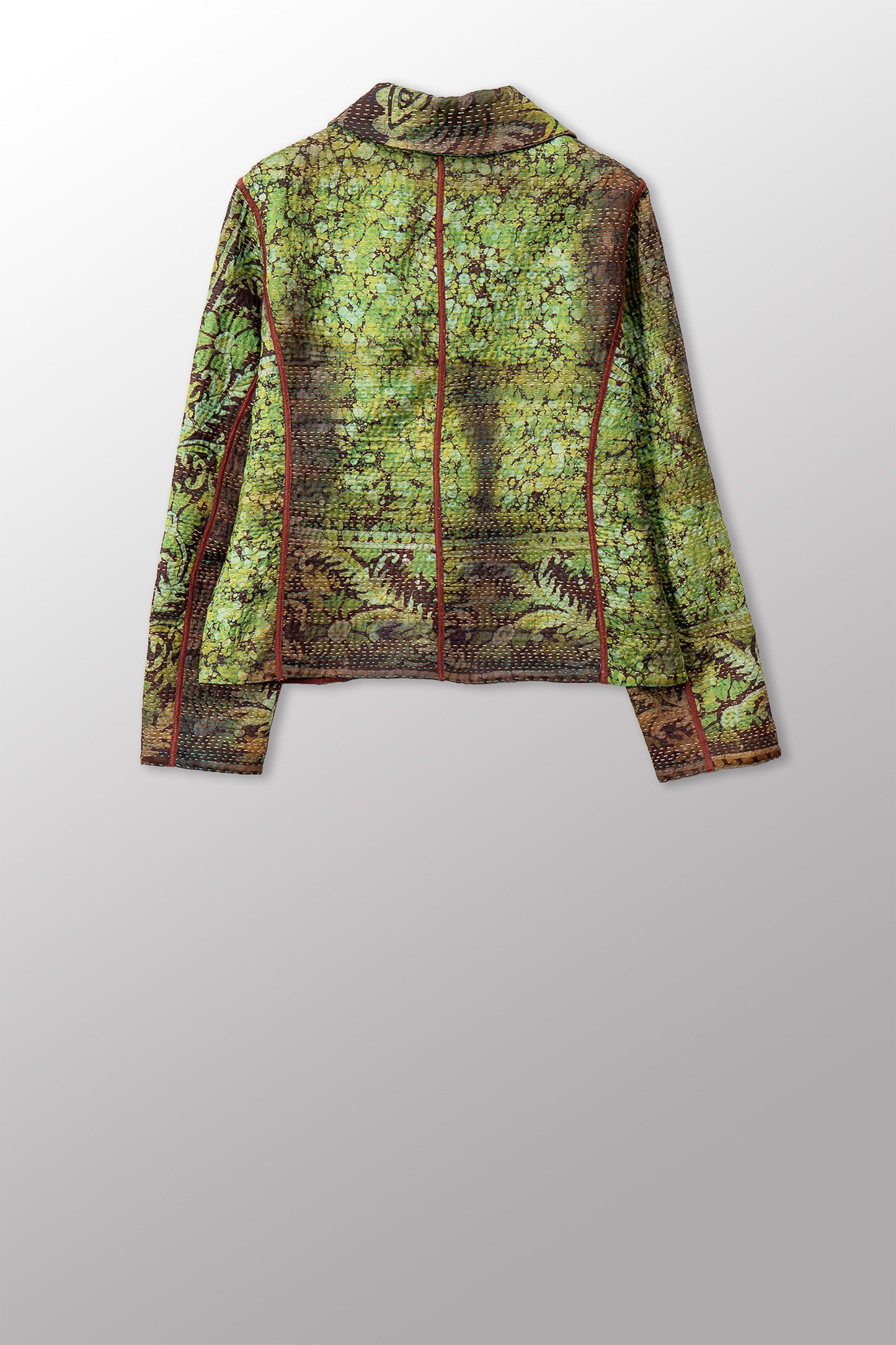 VINTAGE PRINTED SILK CLAMP DYE WITH JACQUARD KANTHA CROPPED BASIC JACKET - sk4096-0001m -