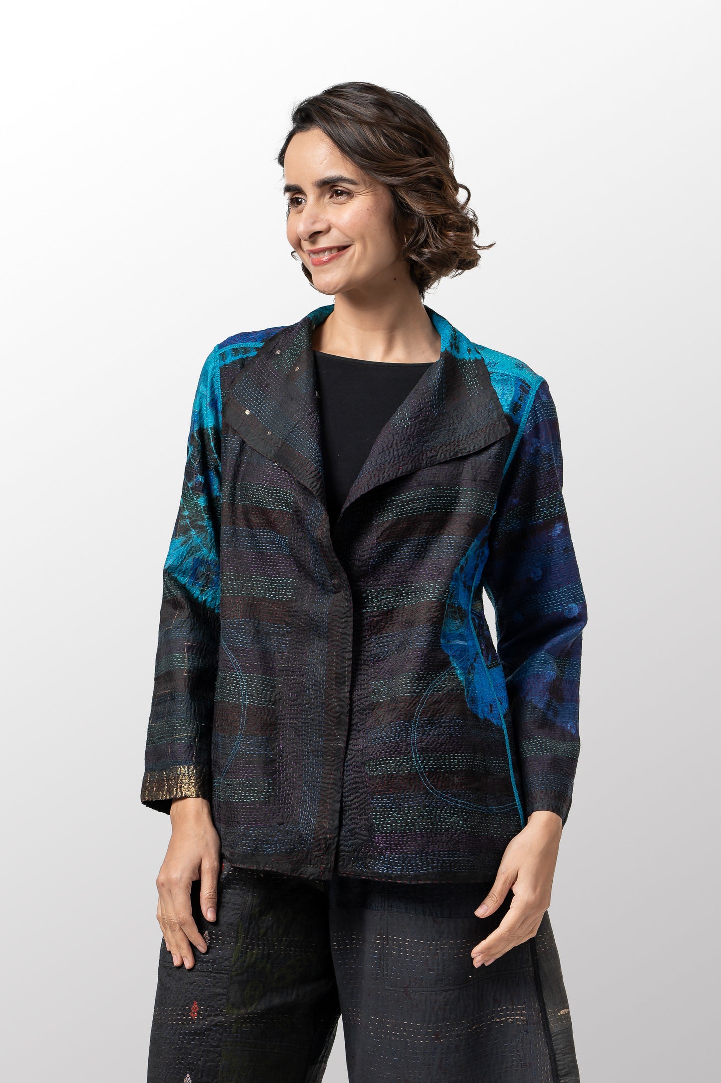 TIE DYE CIRCLE SHIBORI KANTHA SHORT JACKET - td2007-blu -