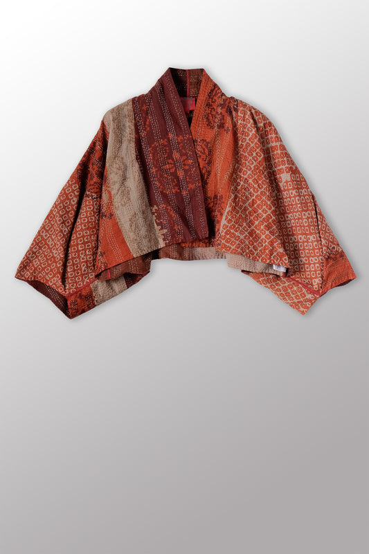 OVERDYED KIMONO COTTON KANTHA PUFF SLV. SHRUG - ov-kc2062-brn -