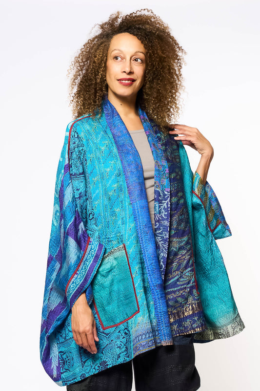 VINTAGE SILK KANTHA DOUBLE COLLAR PONCHO - sv2323-0021a -