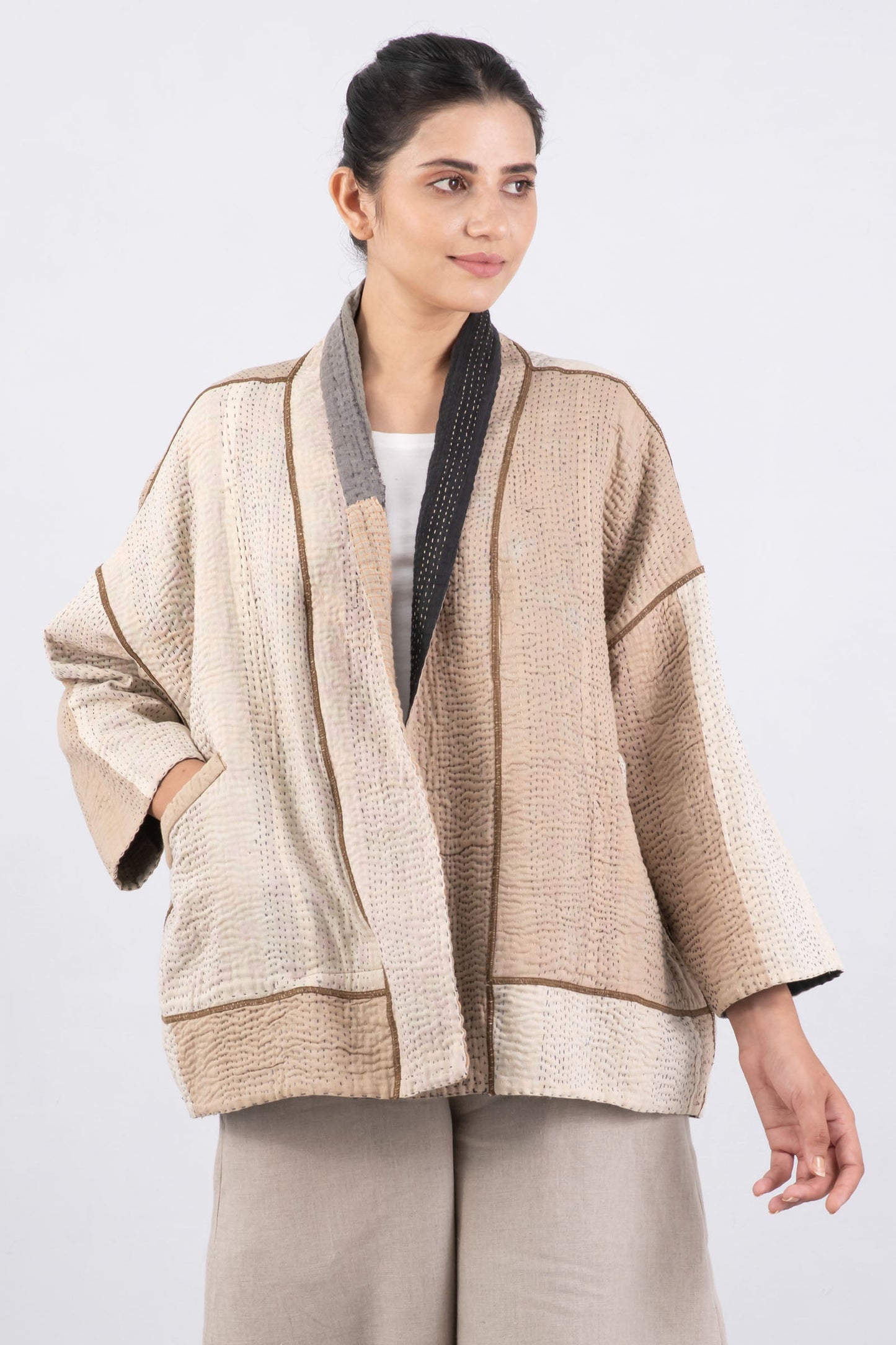 COTTON STRIPE PATCH KANTHA BIG POCKET JACKET - cs4057-grn -