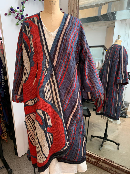 STRIPE AND BENDS KANTHA WRAP FLARE COAT - sb4330-red -