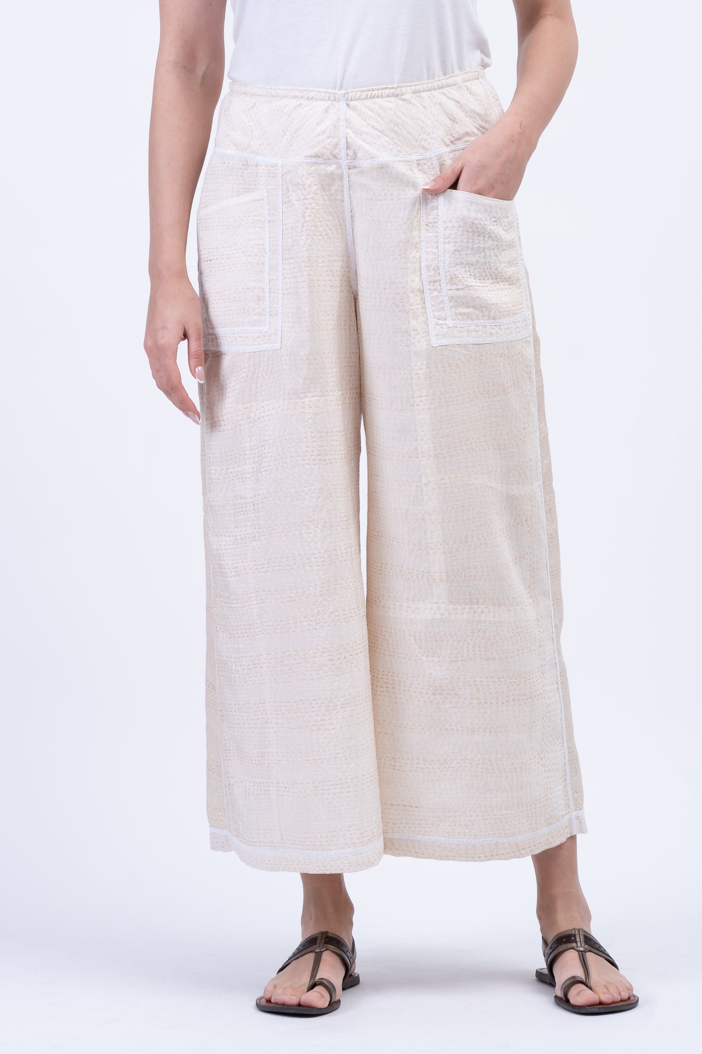 JAIPUR WHITE KANTHA MID RISE WIDE LEG PANTS - jw2665-ivy -