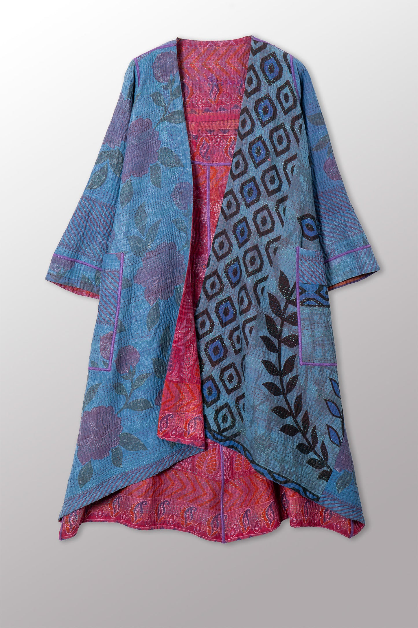 COTTON OVERDYE KANTHA WRAP FLARE COAT - ov4330-cfus001a -