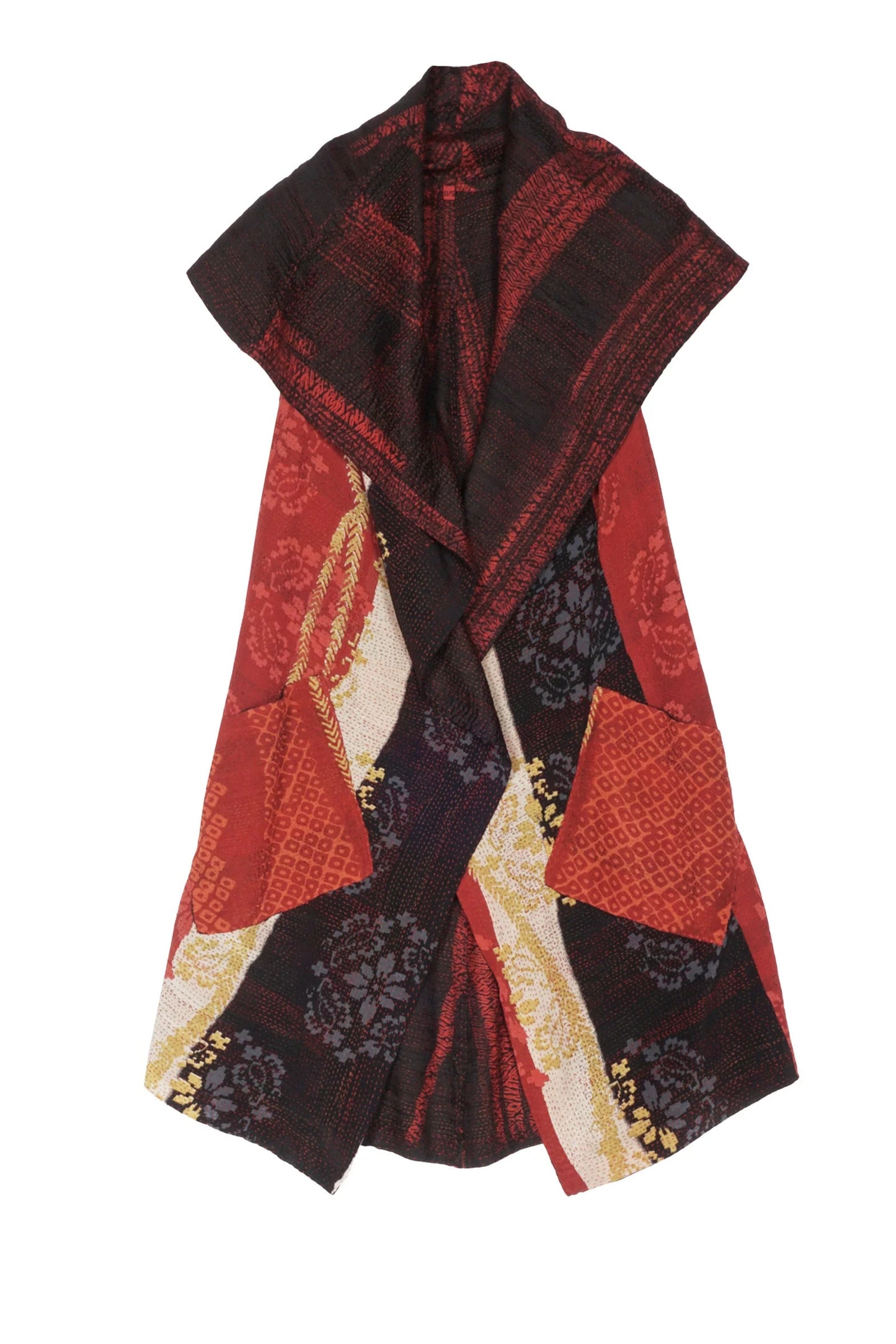 KIMONO PRINT KANTHA CIRCULAR VEST - kp2201-red -