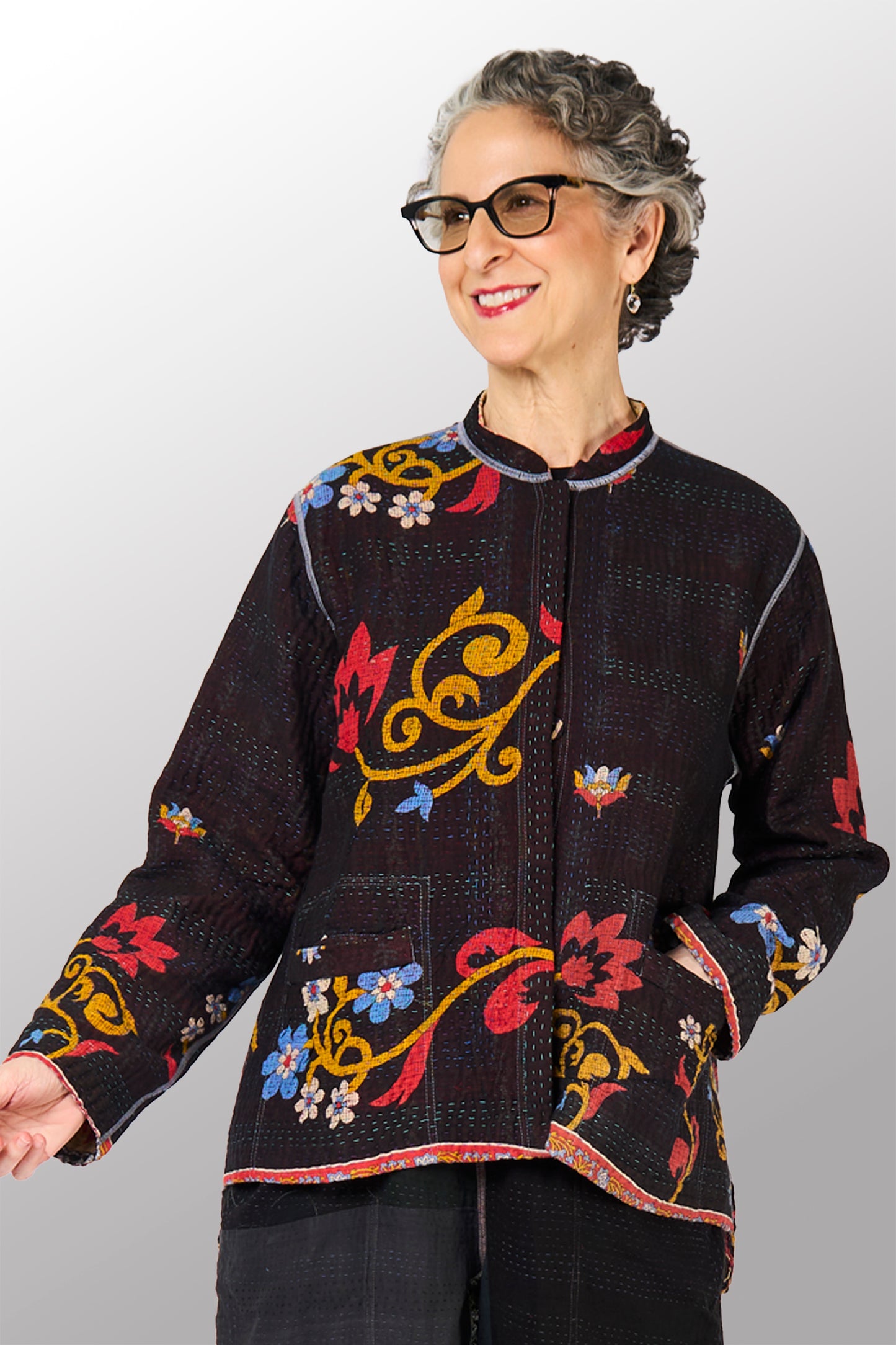 VINTAGE COTTON KANTHA KAFTAN JACKET SHORT - cv4088-0007s -