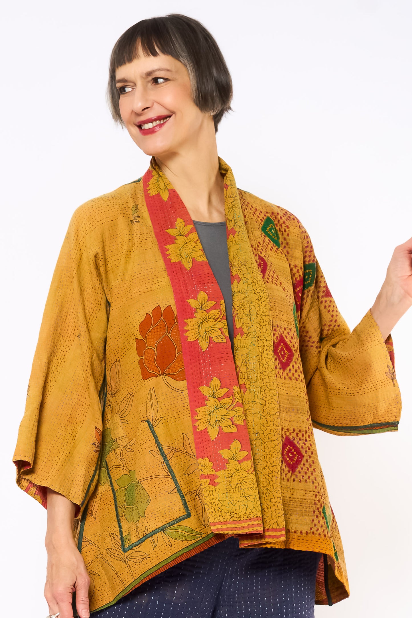 COTTON OVERDYE KANTHA KIMONO JACKET - ov2004-cylw001a -