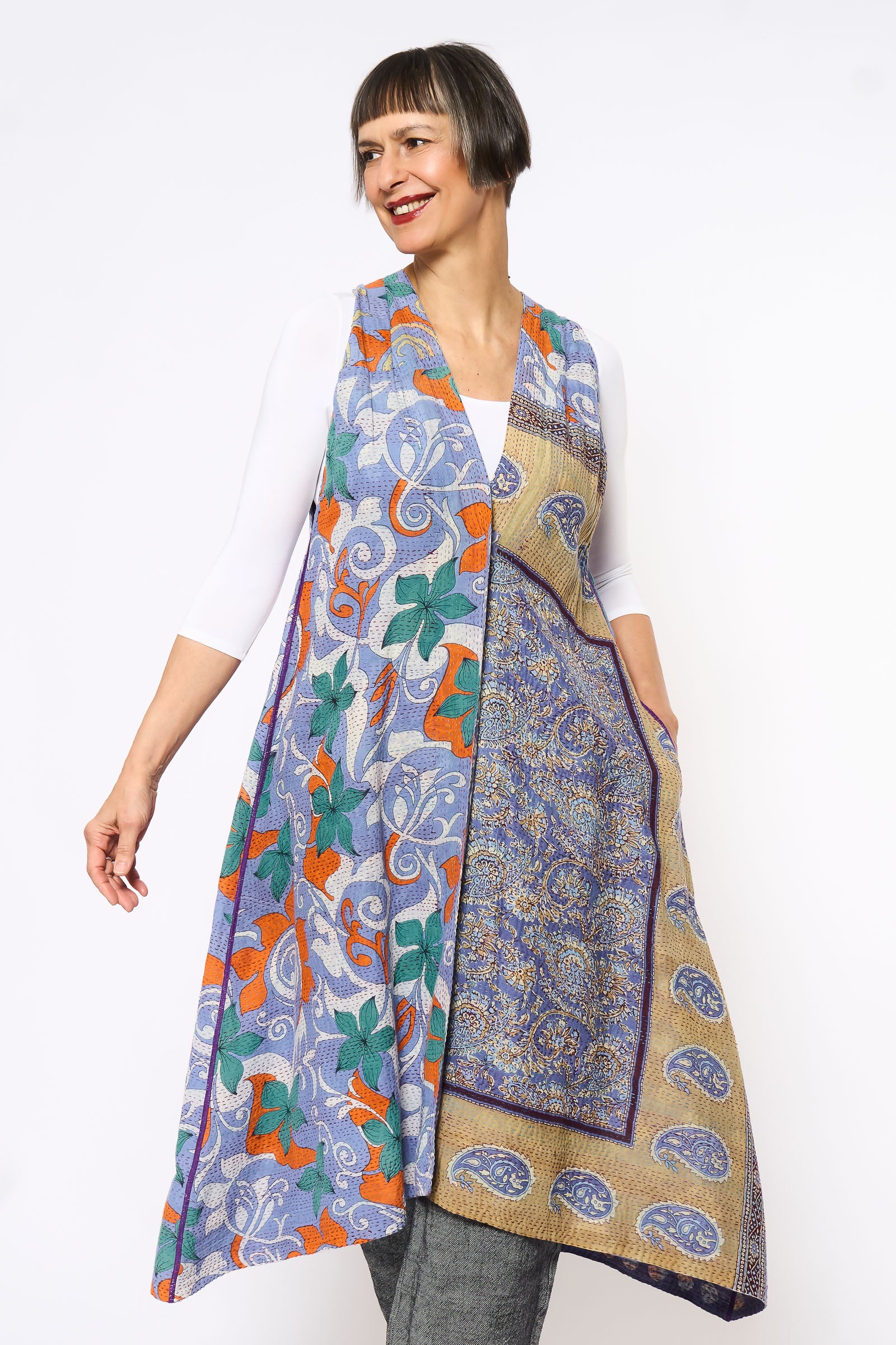 VINTAGE COTTON KANTHA BACK PLEATED VEST MAXI - cv2222-0008a