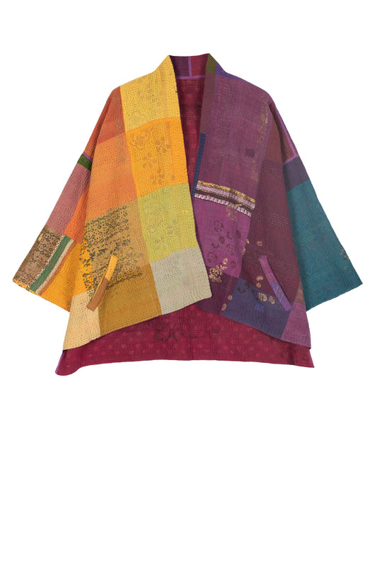 OMBRE PATCHED GOLD STAMP KANTHA  MINI KIMONO JACKET - og4055-mlt -