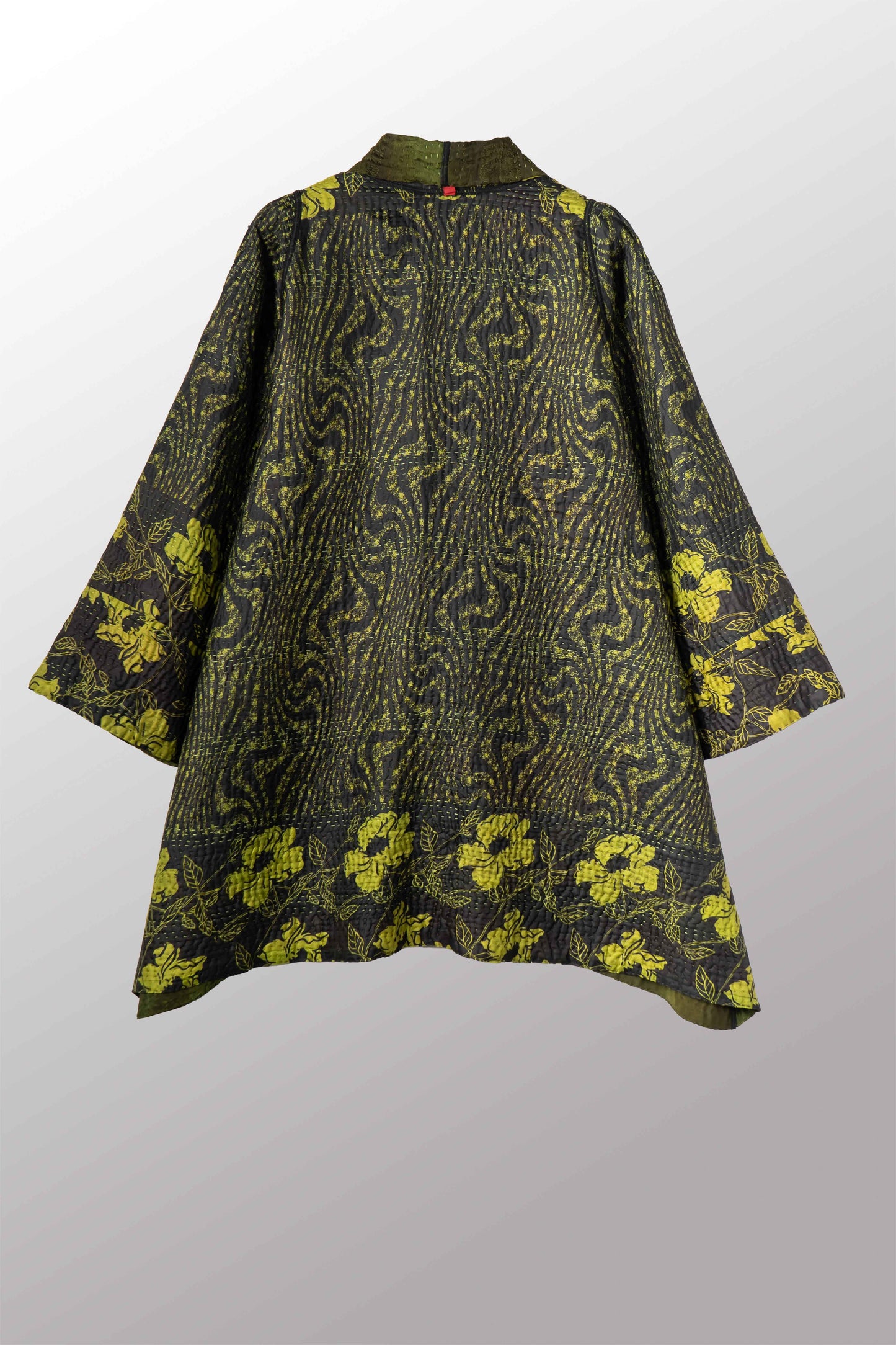 VINTAGE JACQUARD CLAMP DYE WITH PRINTED SILK KANTHA A-LINE JACKET - jk4003-0001a -