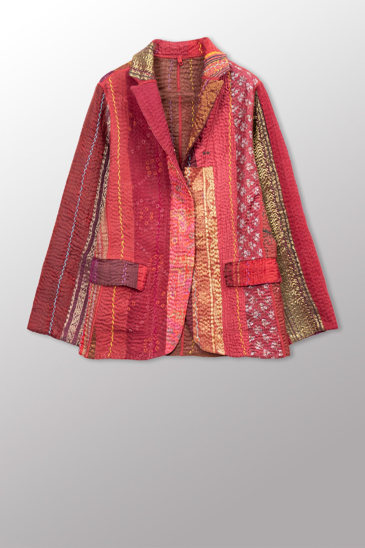 JEWEL WOVEN WITH VERTICAL PATCH KANTHA BASIC JACKET - jv4052-red -