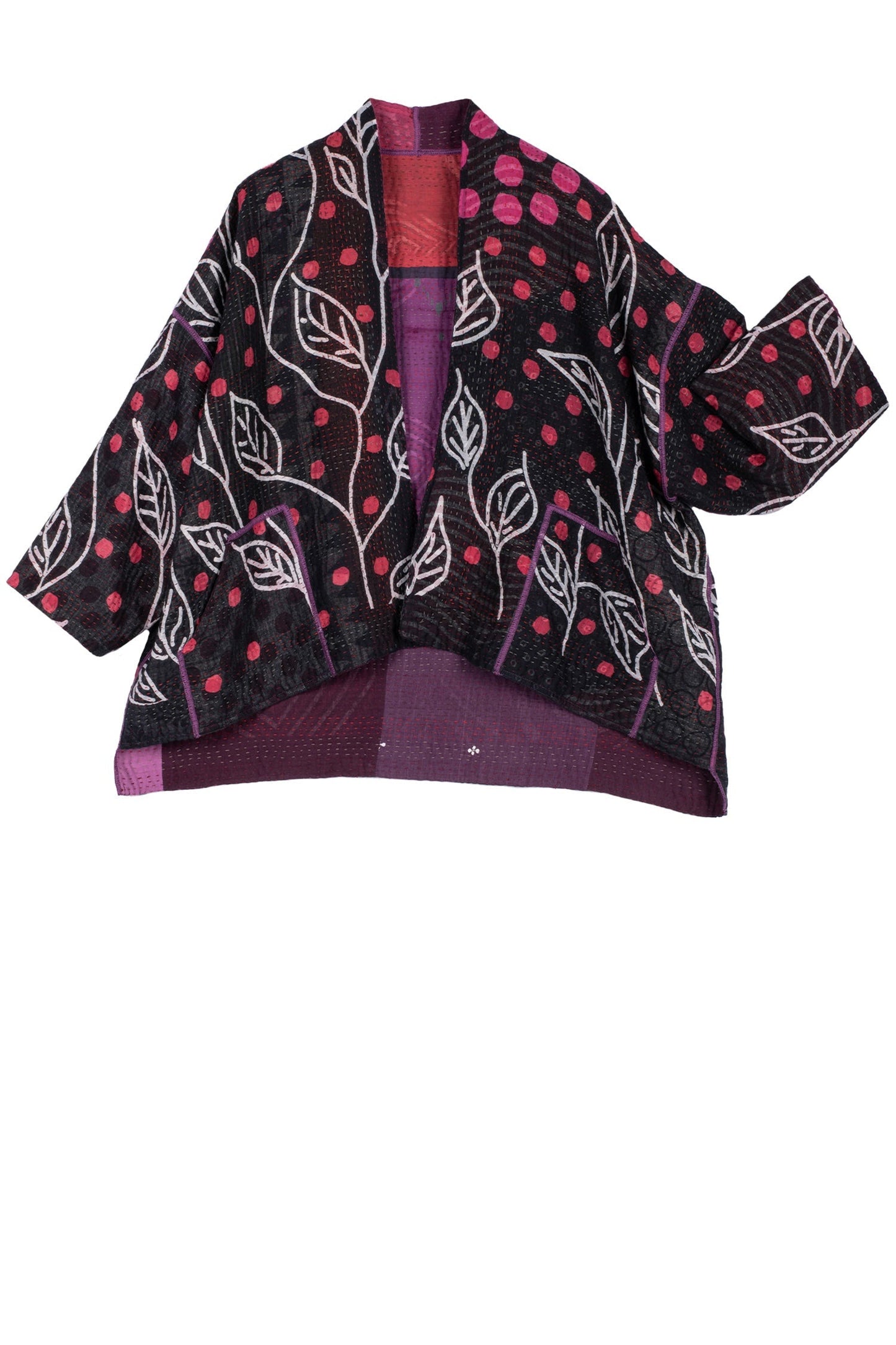 POLKA DOTS & LEAVES KANTHA MINI KIMONO JKT - dl4055-pik -