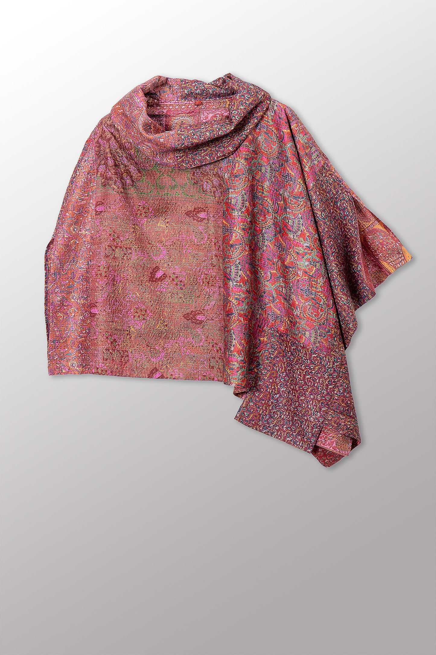 VINTAGE SILK KANTHA COWL NECK LONG CAPE - sv2842-0023a -