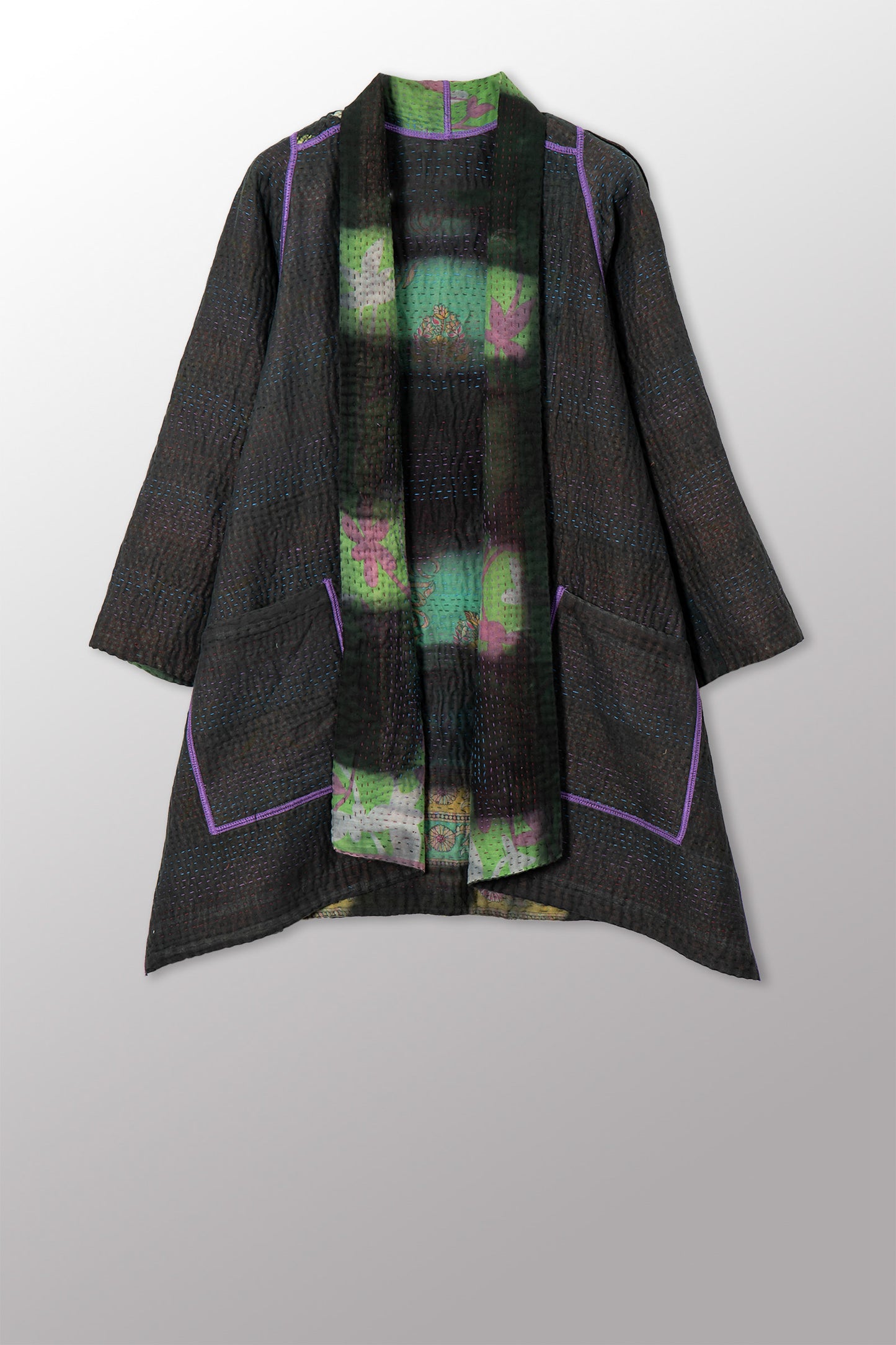 VINTAGE COTTON GREY CLAMP TIE DYE KANTHA A-LINE JACKET - su4003-0003s -
