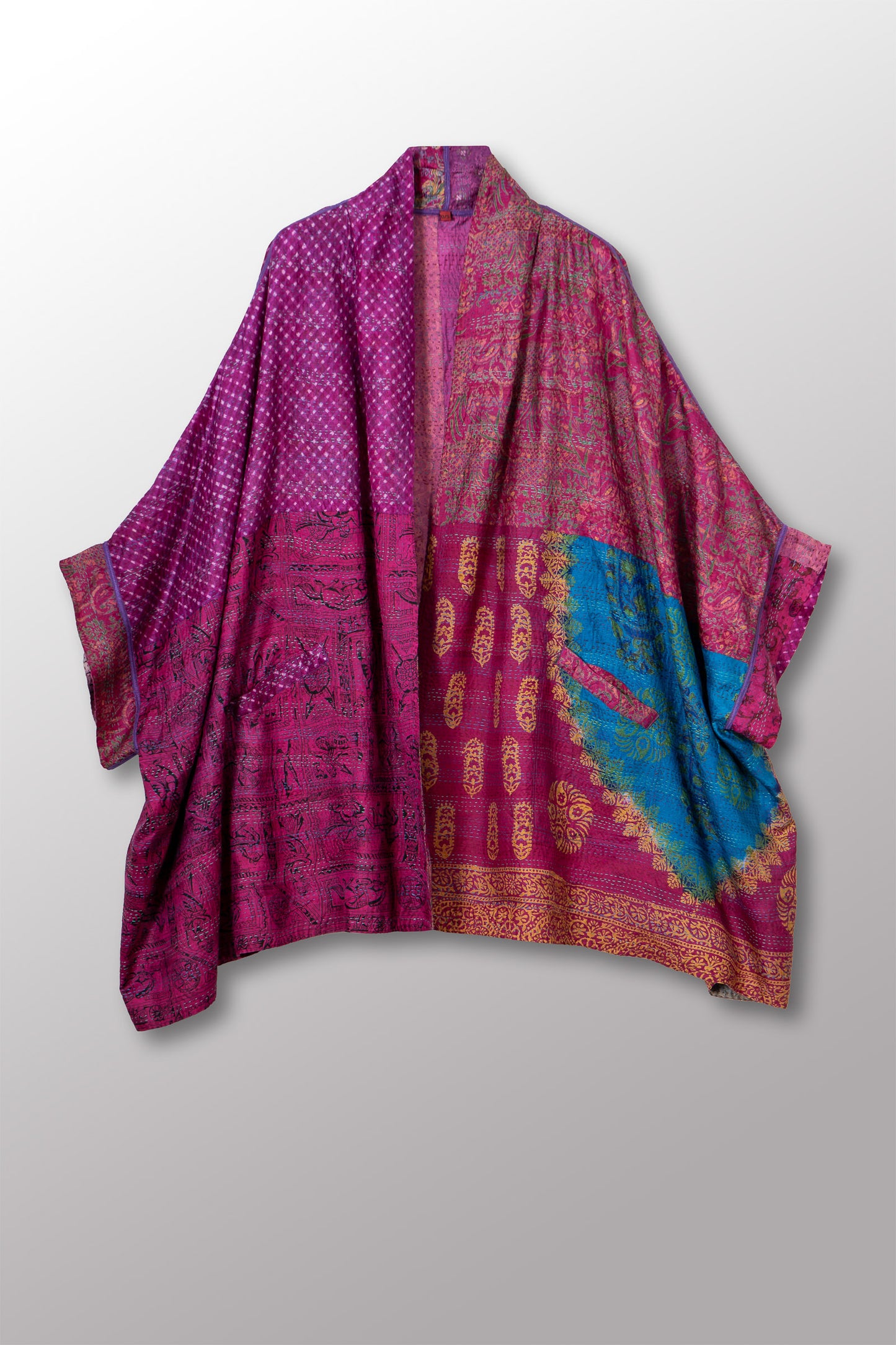 VINTAGE SILK KANTHA DOUBLE COLLAR PONCHO - sv2323-0018a -
