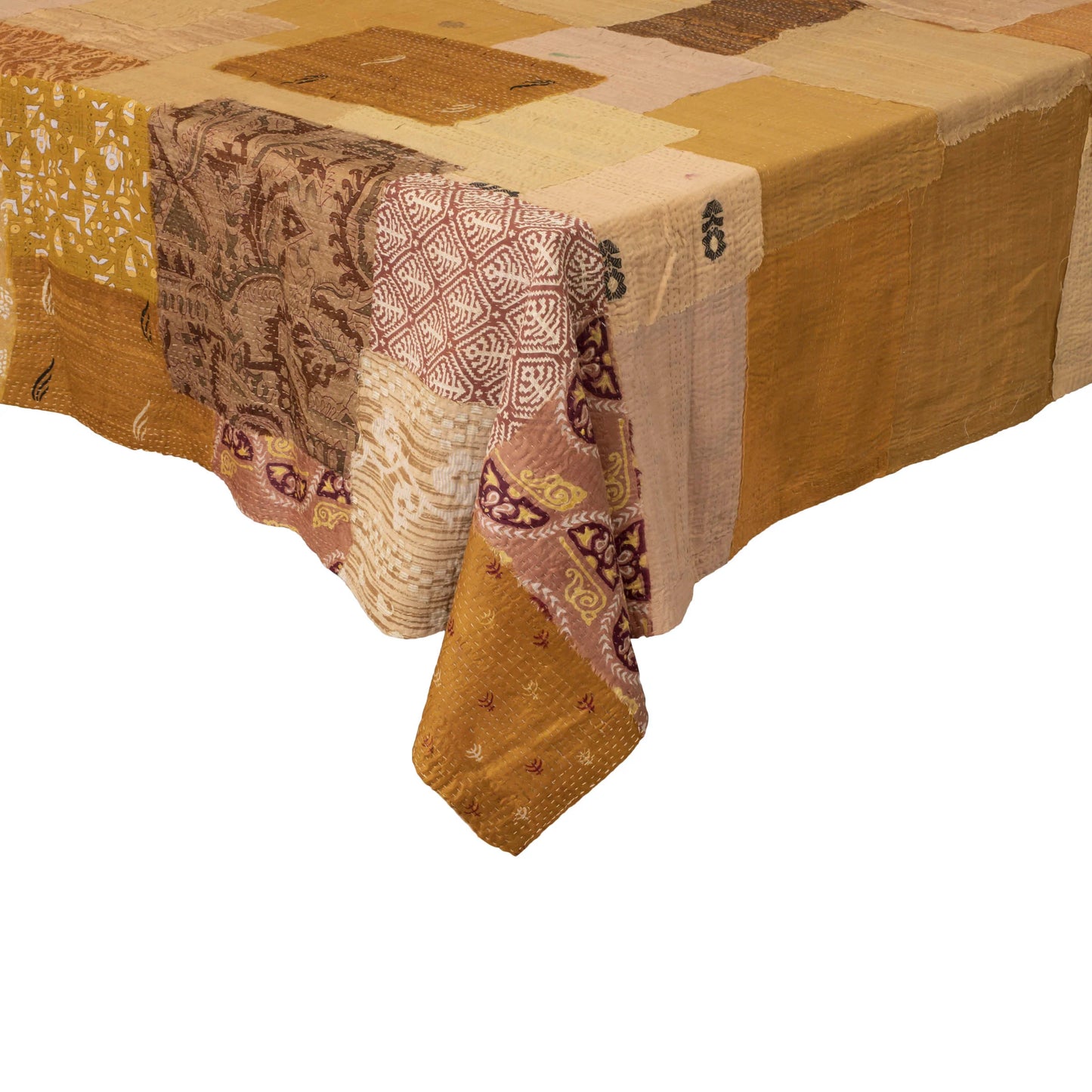 Printed Fray Vintage Cotton Kantha Table Cover -Golden