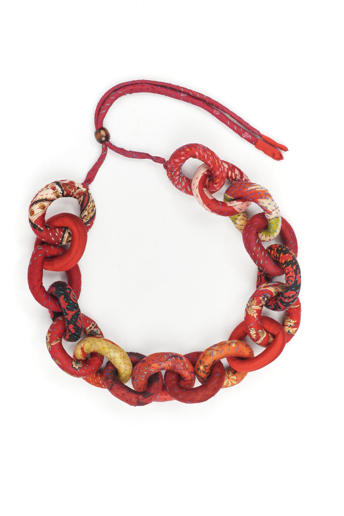 VINTAGE SILK KANTHA CHAIN NECKLACE - sv2724-red -