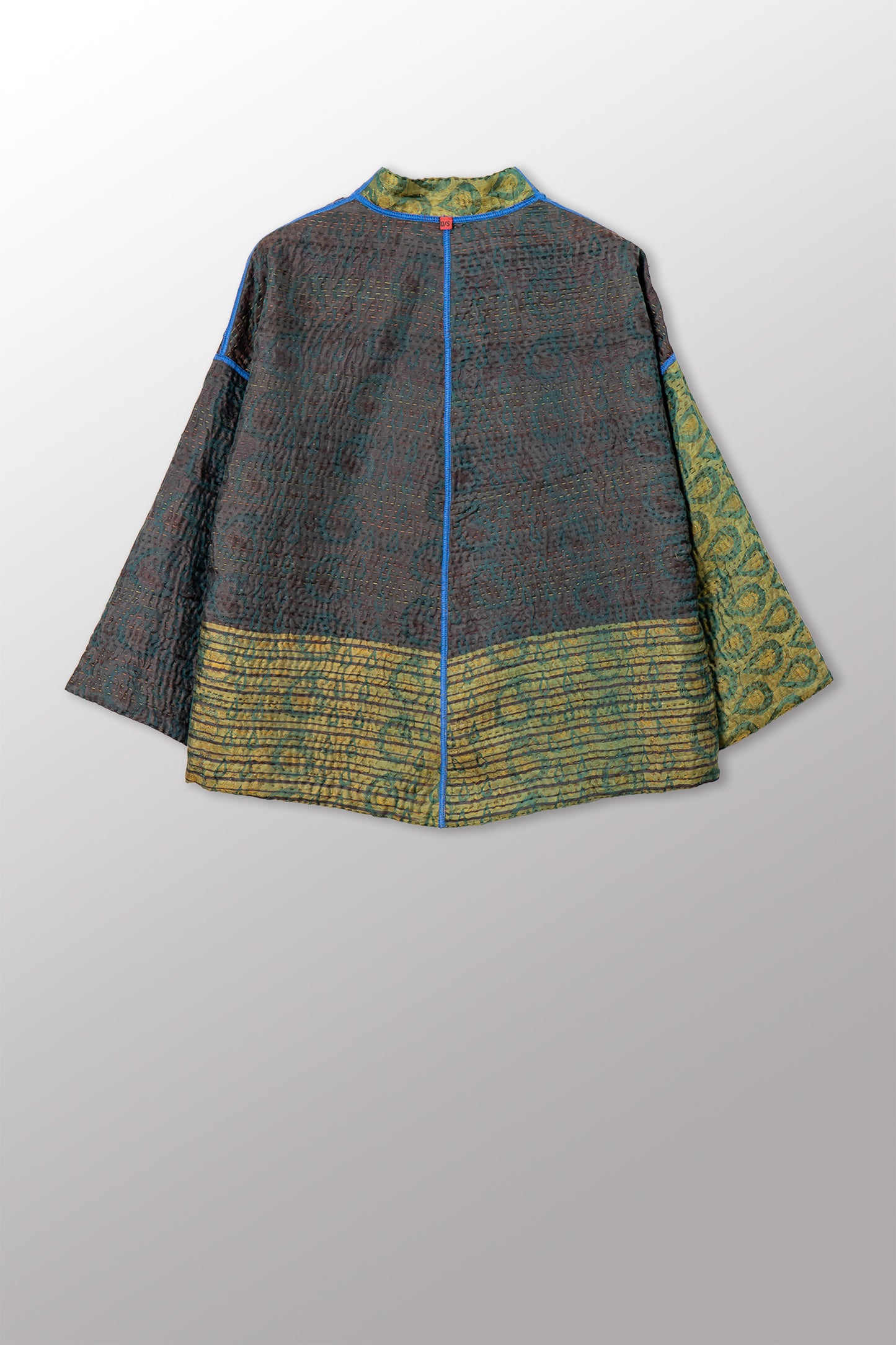 VINTAGE PRINTED SILK CLAMP DYE WITH JACQUARD KANTHA STAND COLLAR CROPPED JACKET - sk4034-0001a -