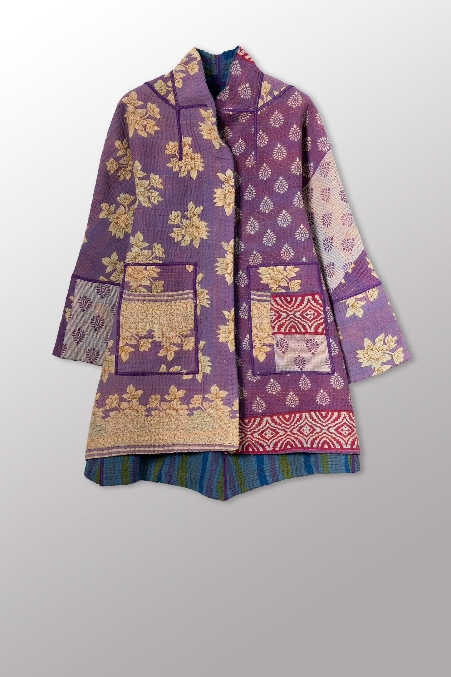 VINTAGE COTTON KANTHA FLARE LONG JACKET - cv4021-0057s -